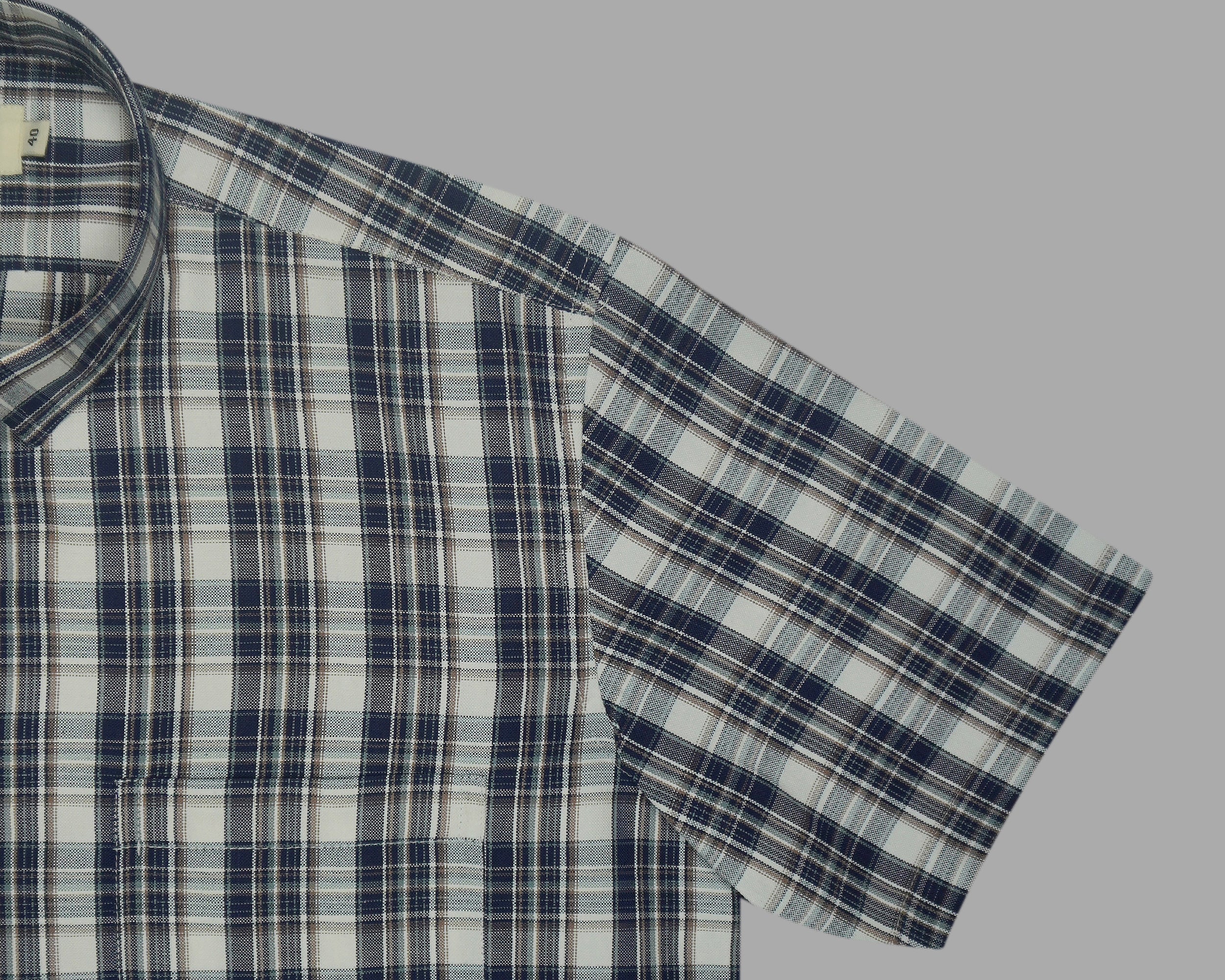 Men's Cotton Linen Checkered Half Sleeves Shirts (Blue)