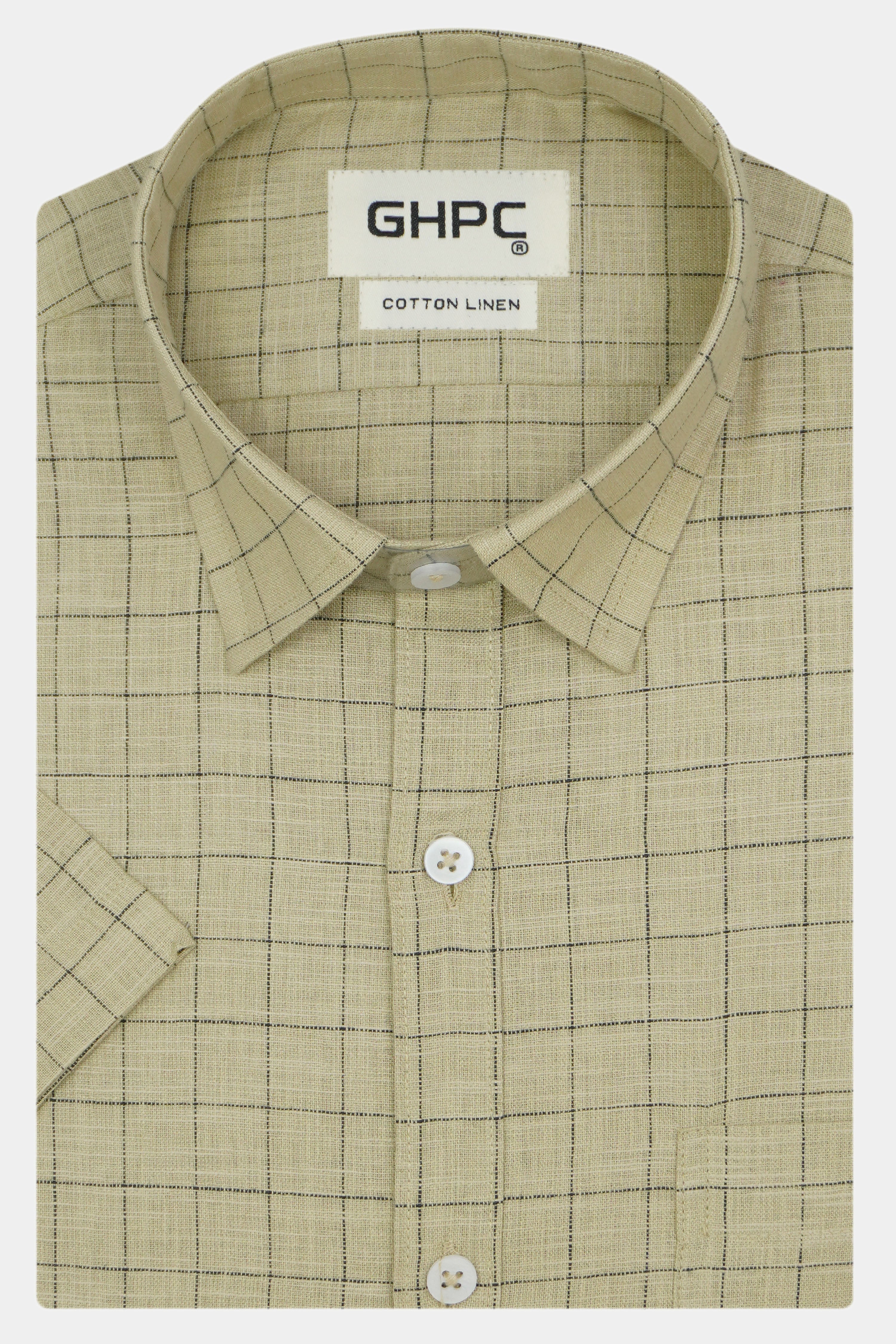 Men's Cotton Linen Checkered Half Sleeves Shirt (Khaki)