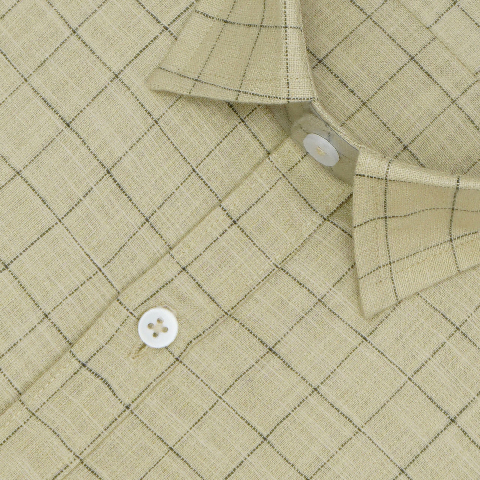 Men's Cotton Linen Checkered Half Sleeves Shirt (Khaki)