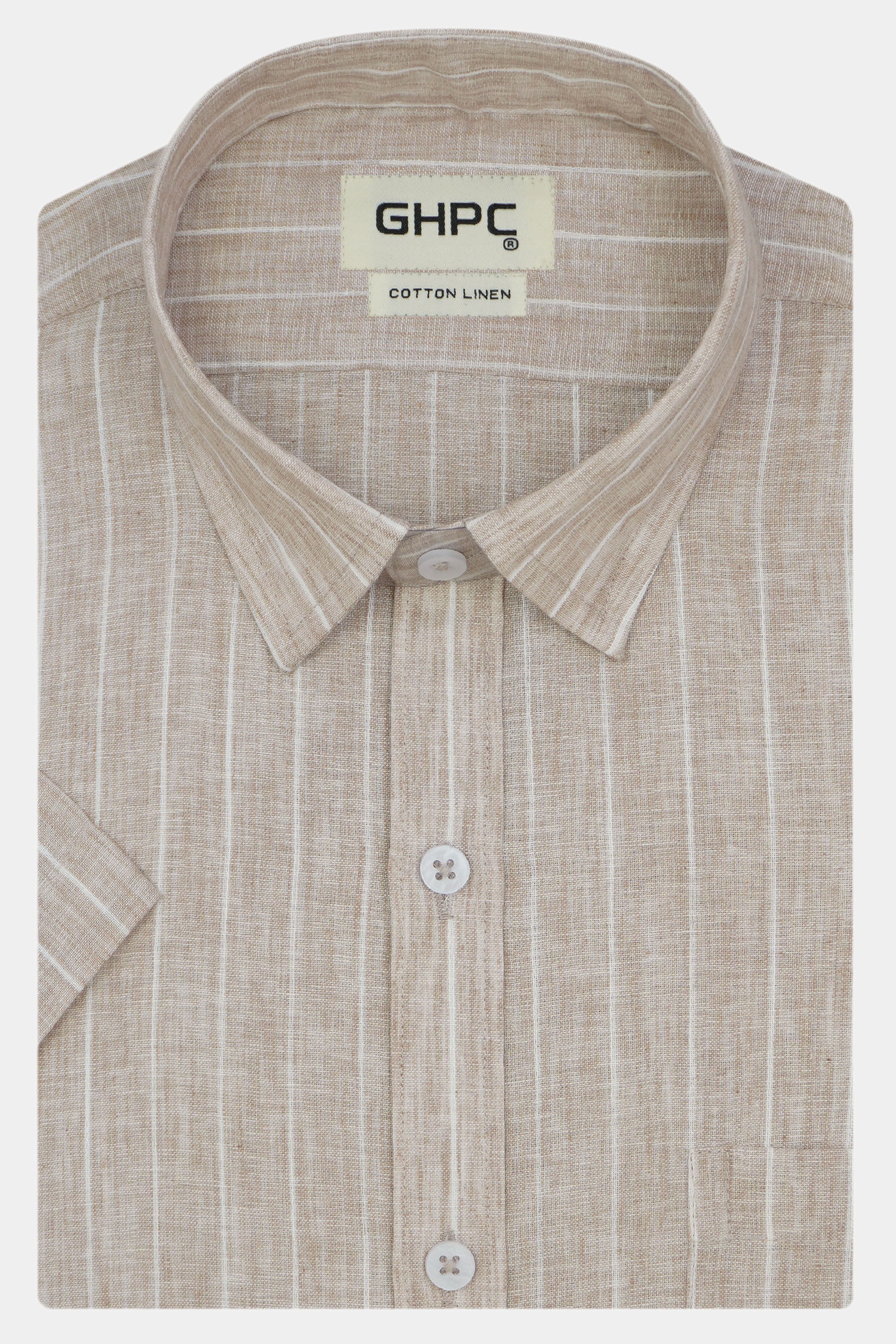 Men's Cotton Linen Striped Half Sleeves Shirt (Beige)