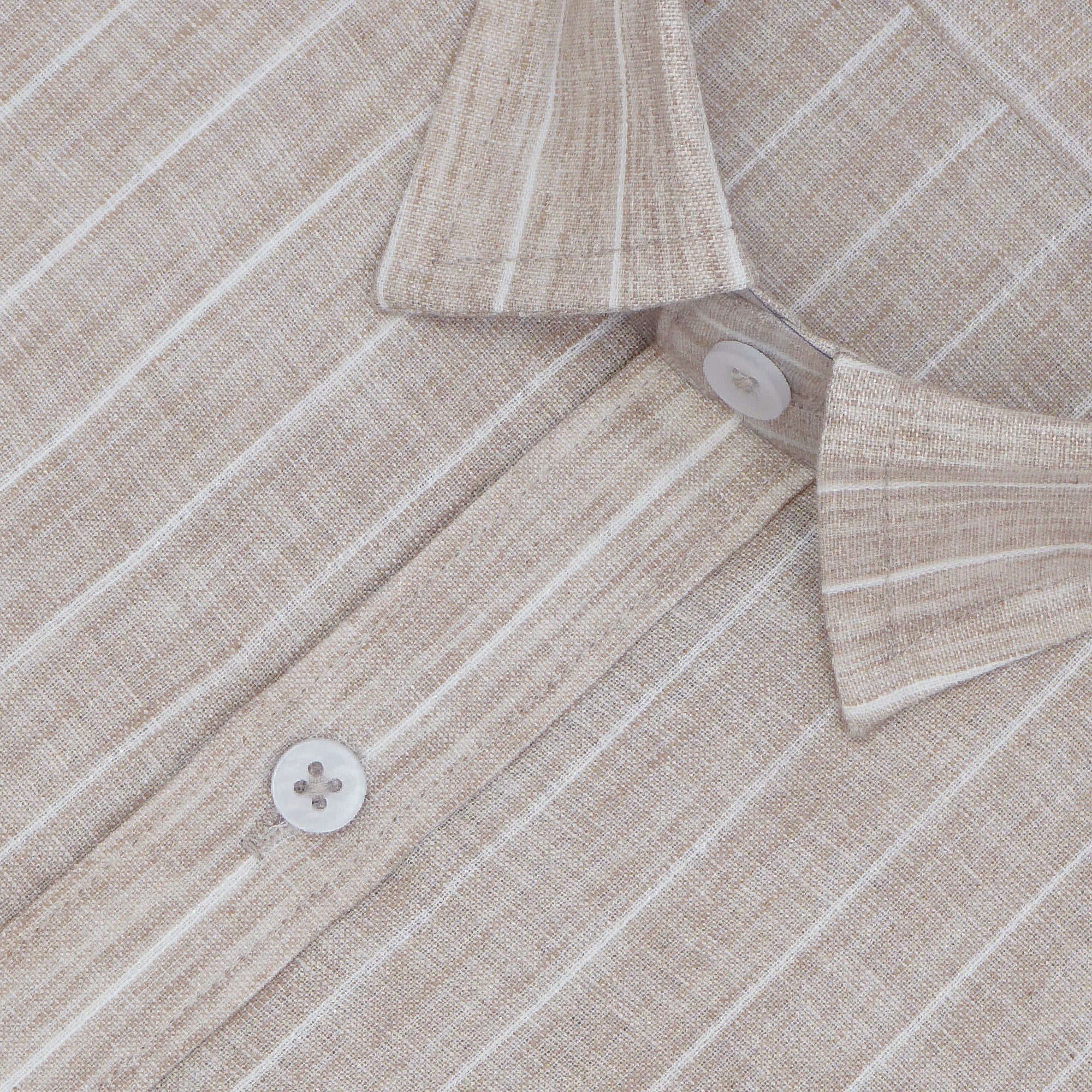 Men's Cotton Linen Striped Half Sleeves Shirt (Beige)