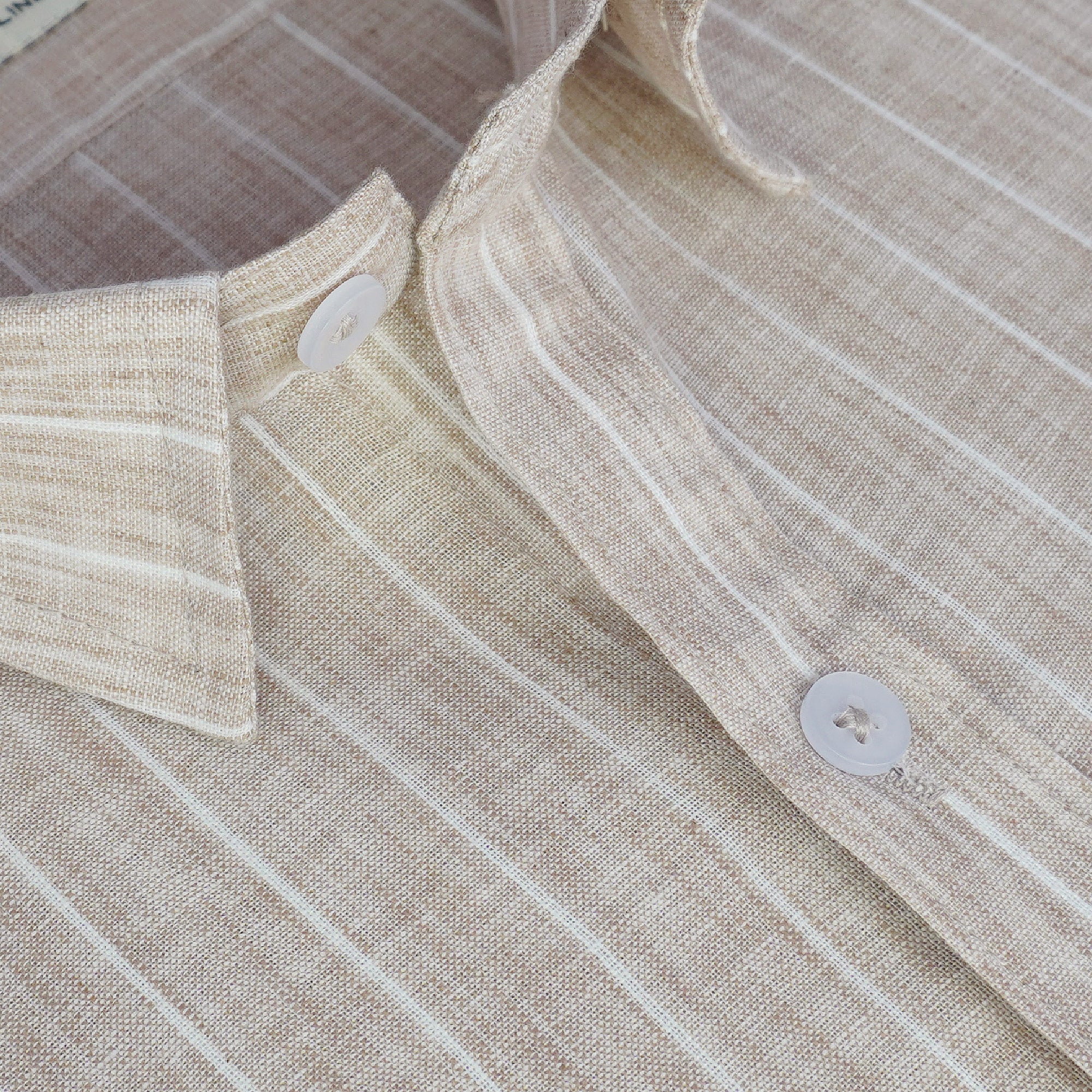 Men's Cotton Linen Striped Half Sleeves Shirt (Beige)