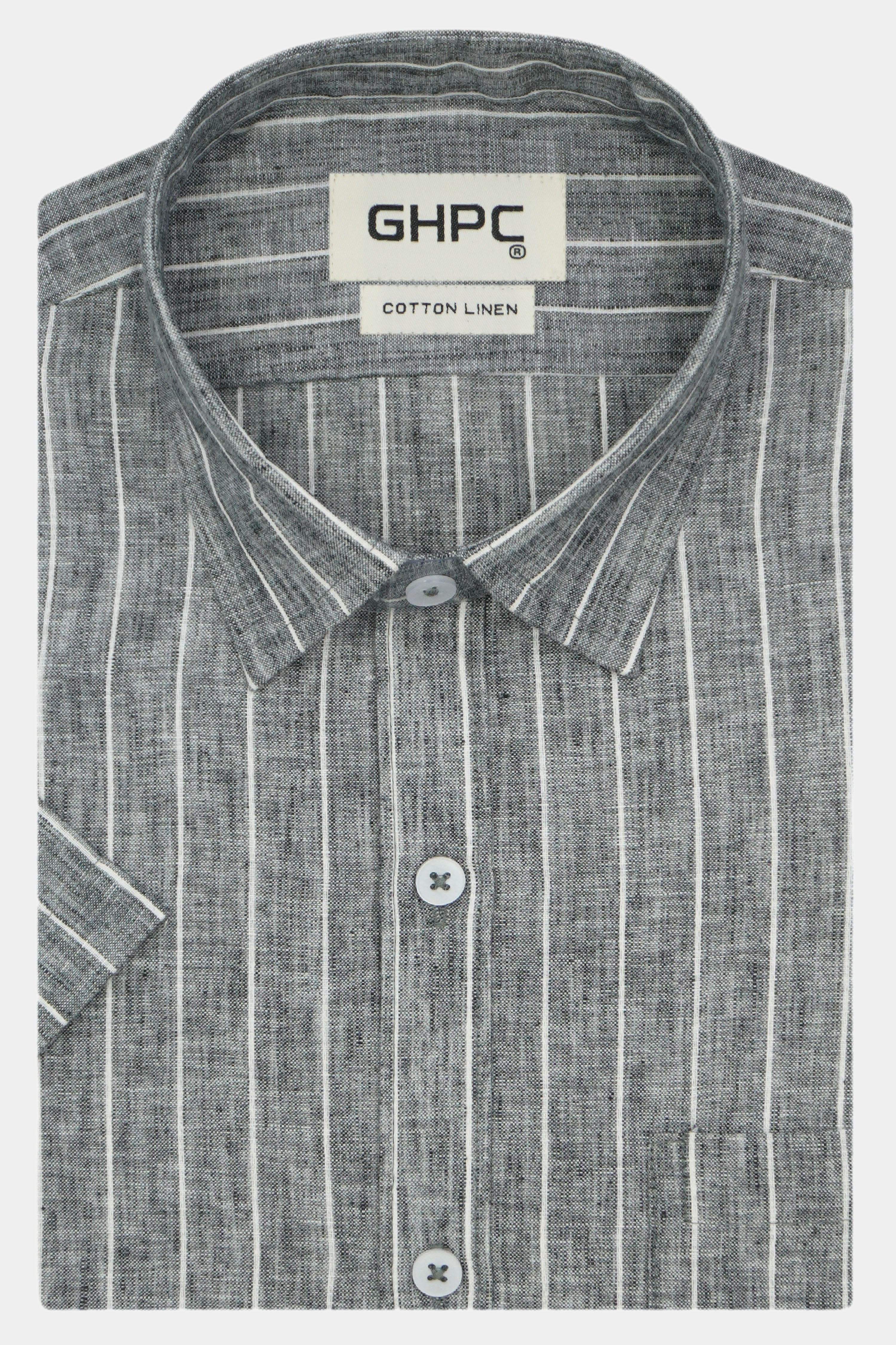 Men's Cotton Linen Striped Half Sleeves Shirt (Grey)