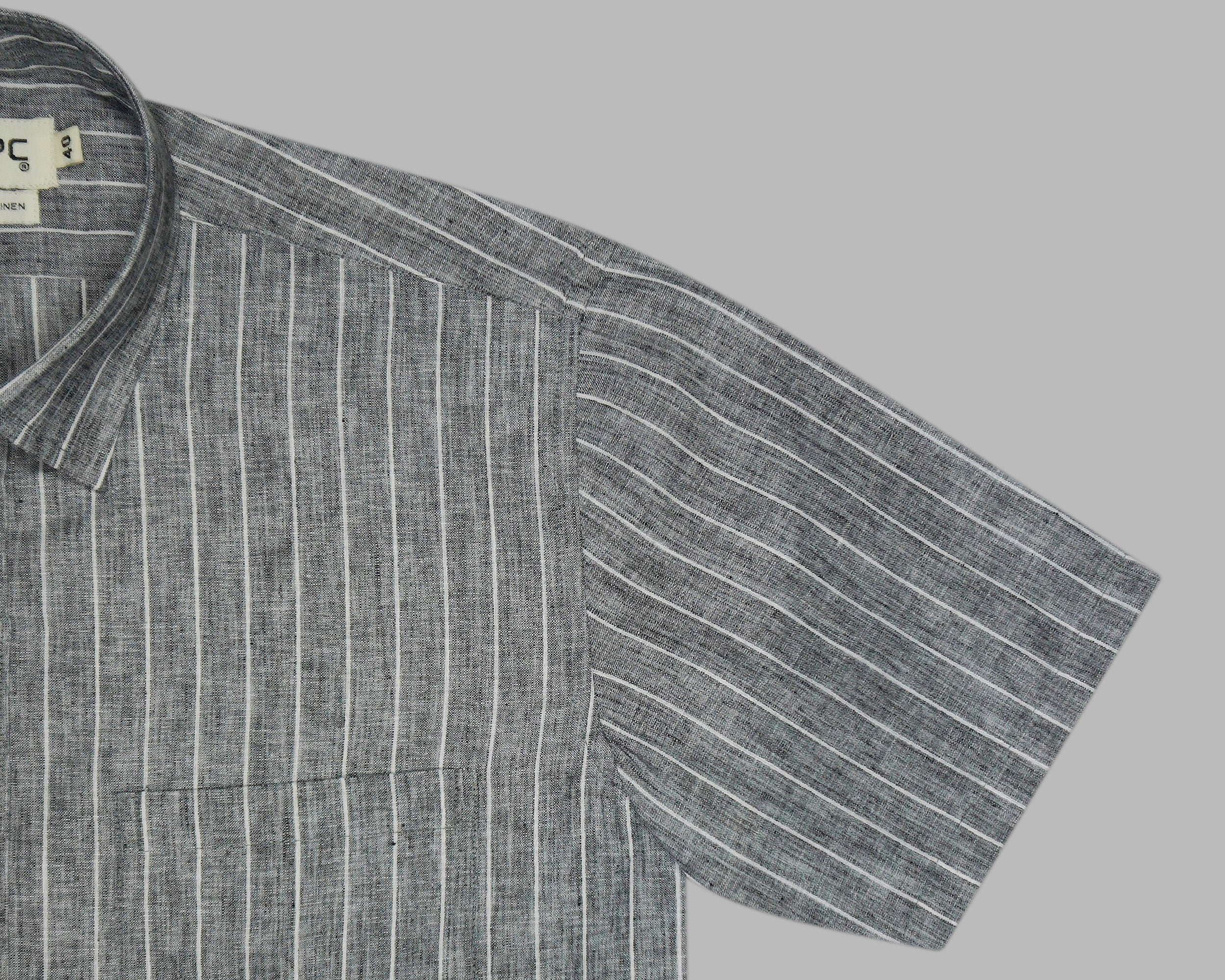 Men's Cotton Linen Striped Half Sleeves Shirt (Grey)