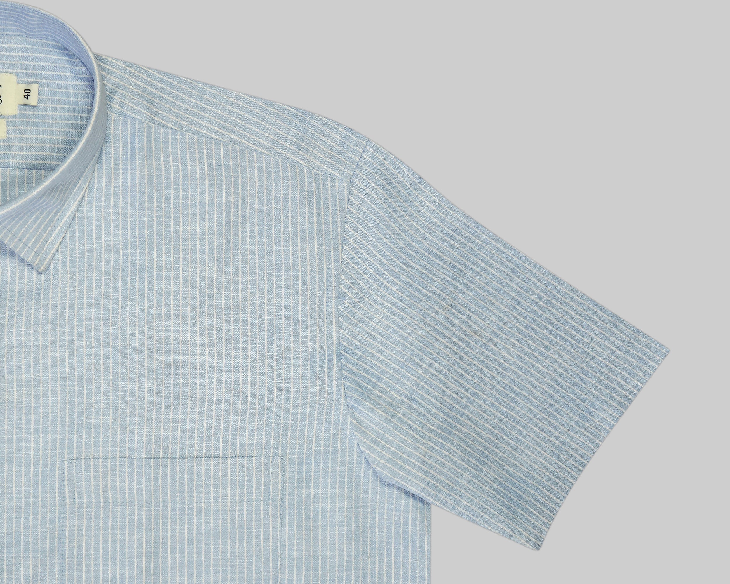 Men's Cotton Linen Striped Half Sleeves Shirt (Blue)