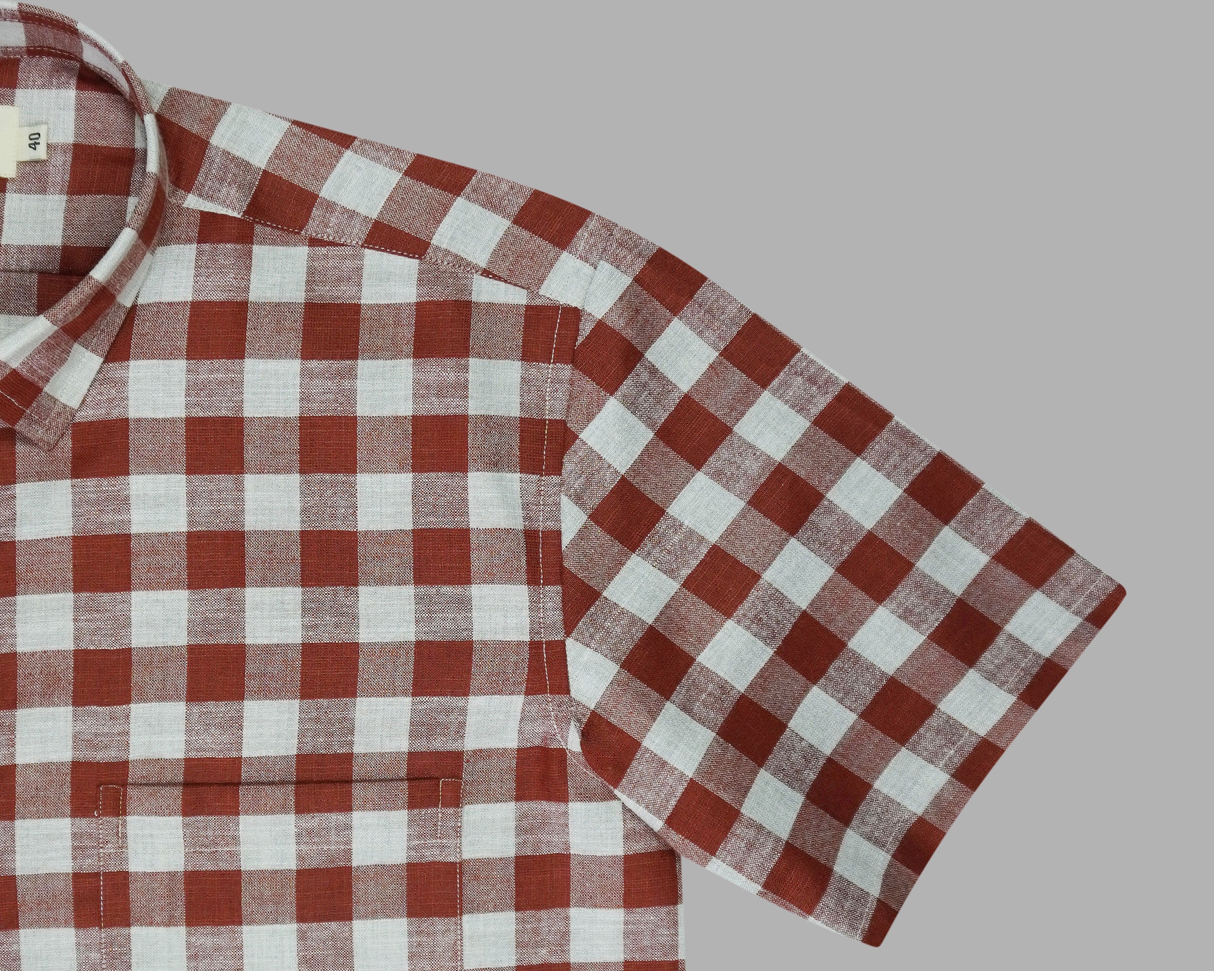 Men's Cotton Linen Checkered Half Sleeves Shirt (Rust)