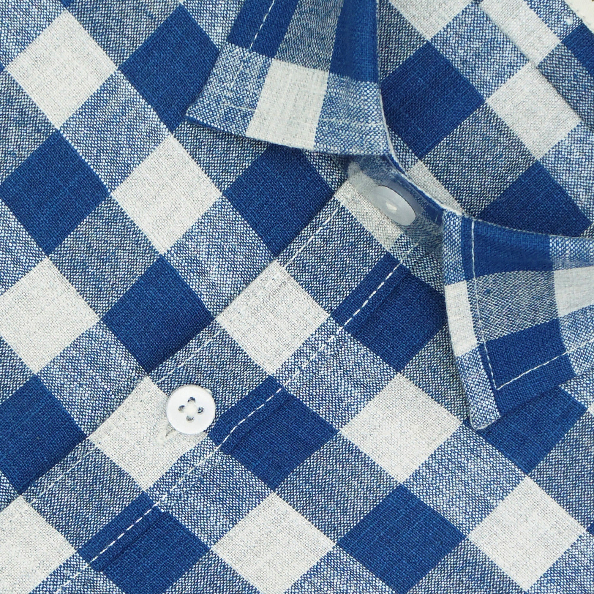 Men's Cotton Linen Checkered Half Sleeves Shirt (Blue)