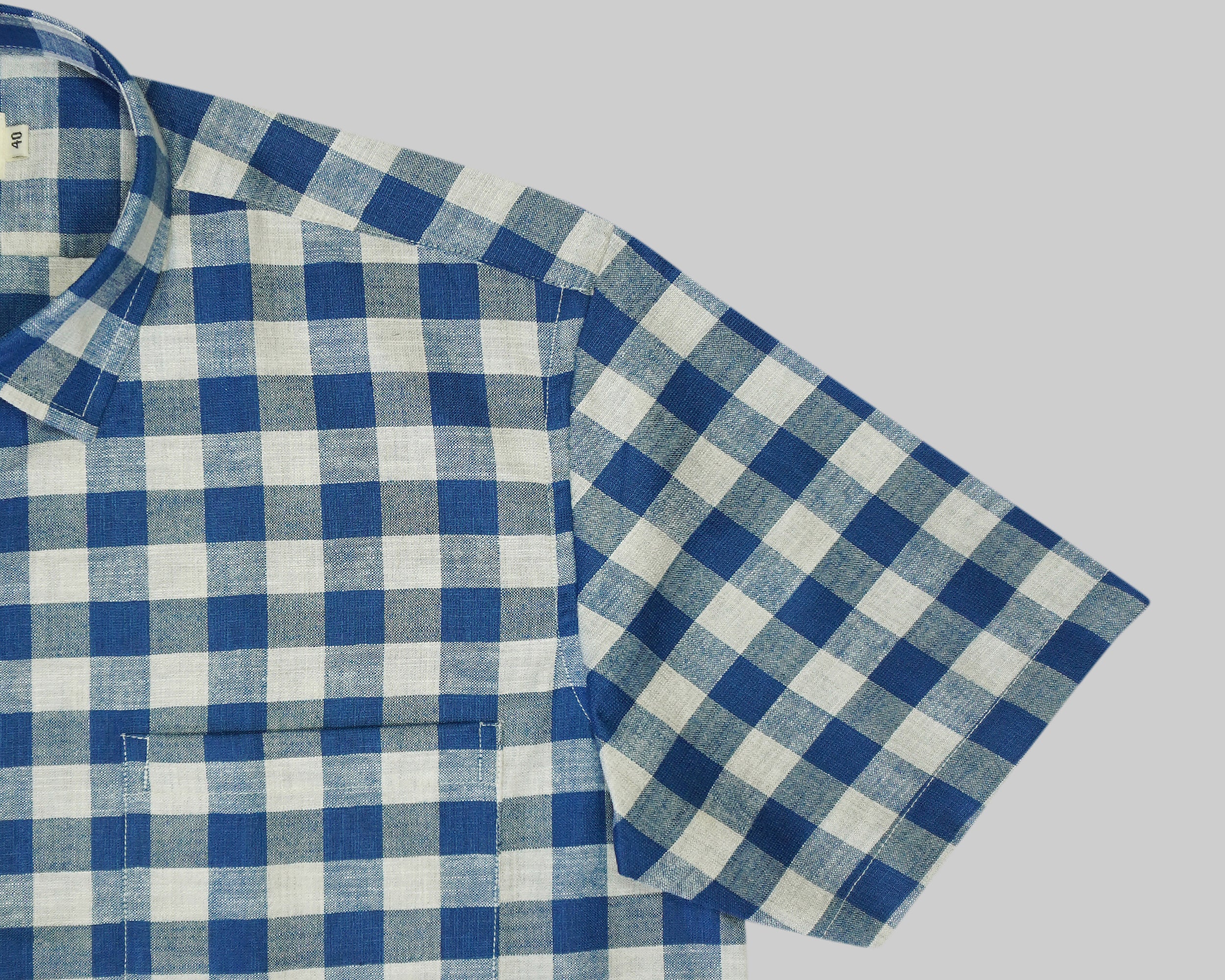Men's Cotton Linen Checkered Half Sleeves Shirt (Blue)