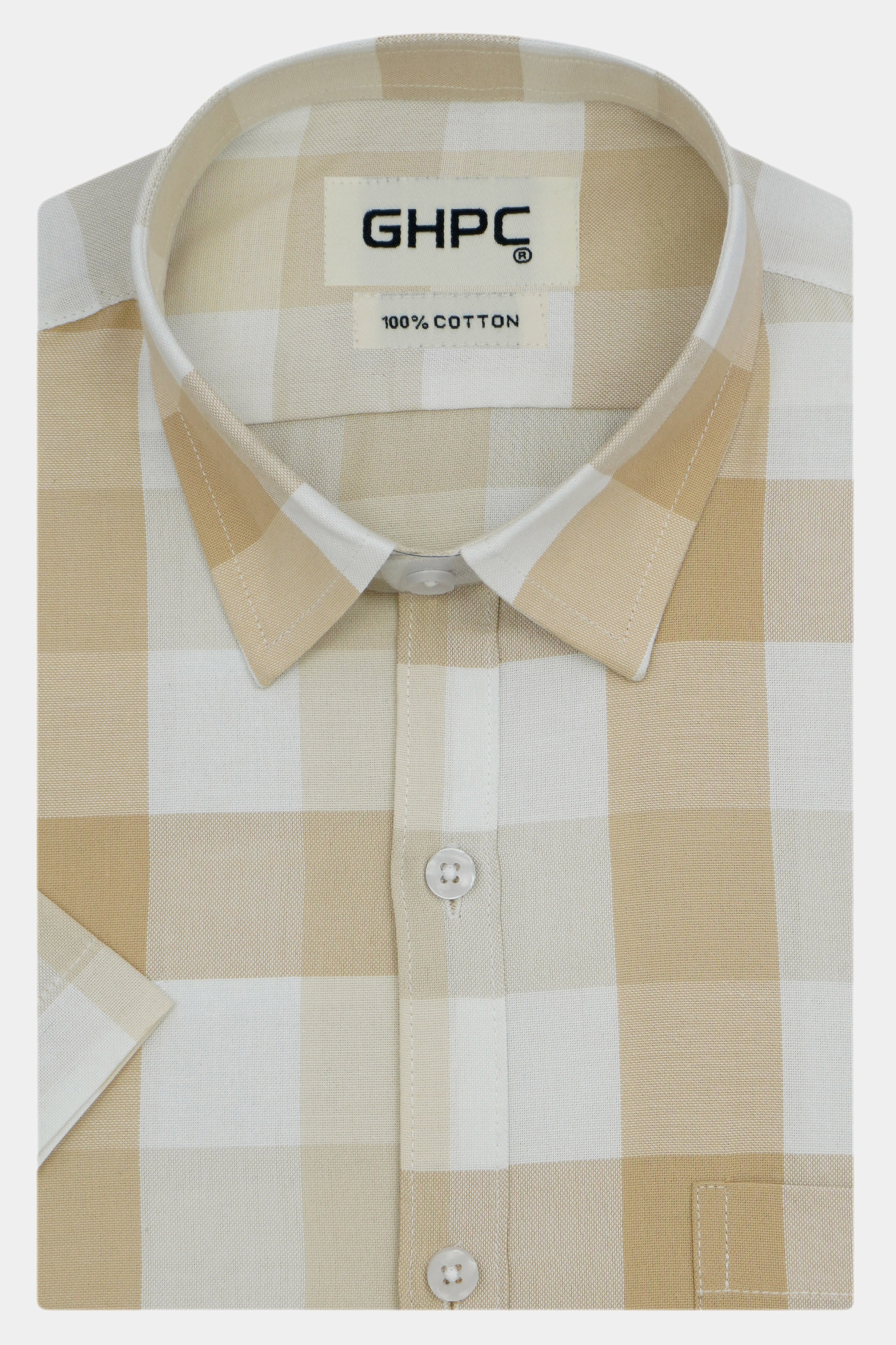 Men's 100% Cotton Checkered Half Sleeves Shirt (Light Brown)