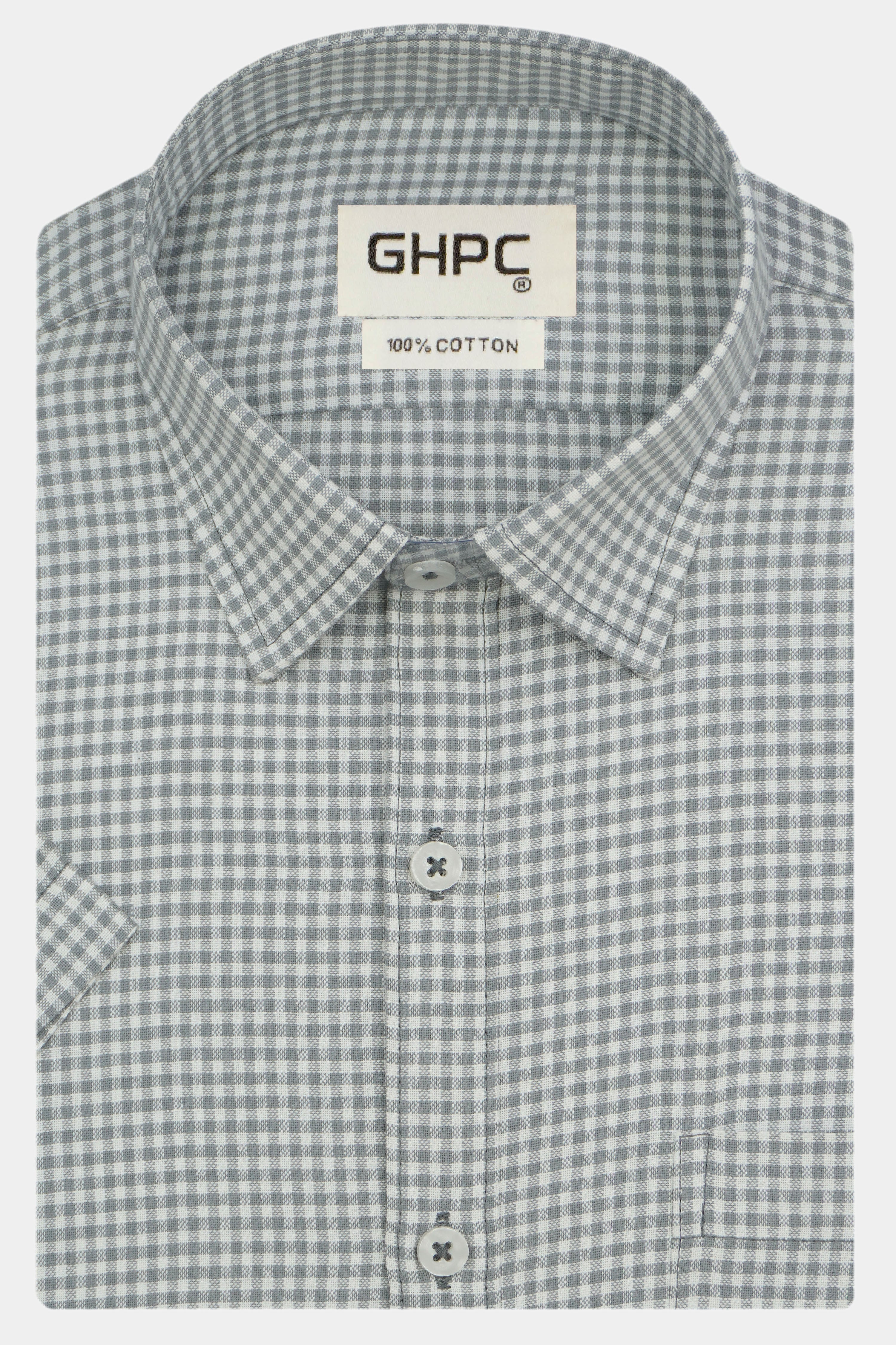 Men's 100% Cotton Checkered Half Sleeves Shirt (Grey)