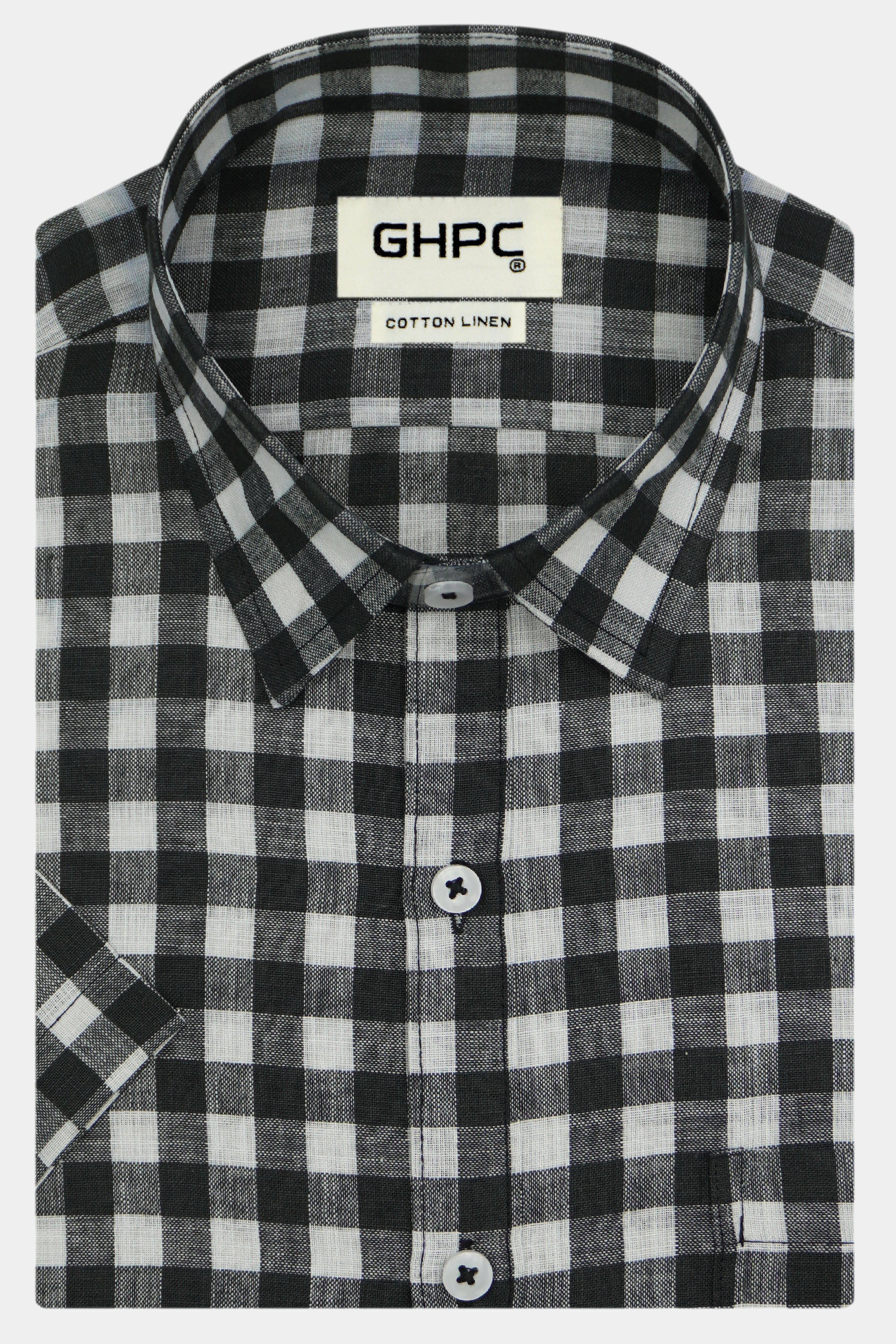 Men's Cotton Linen Checkered Half Sleeves Shirt (Black)