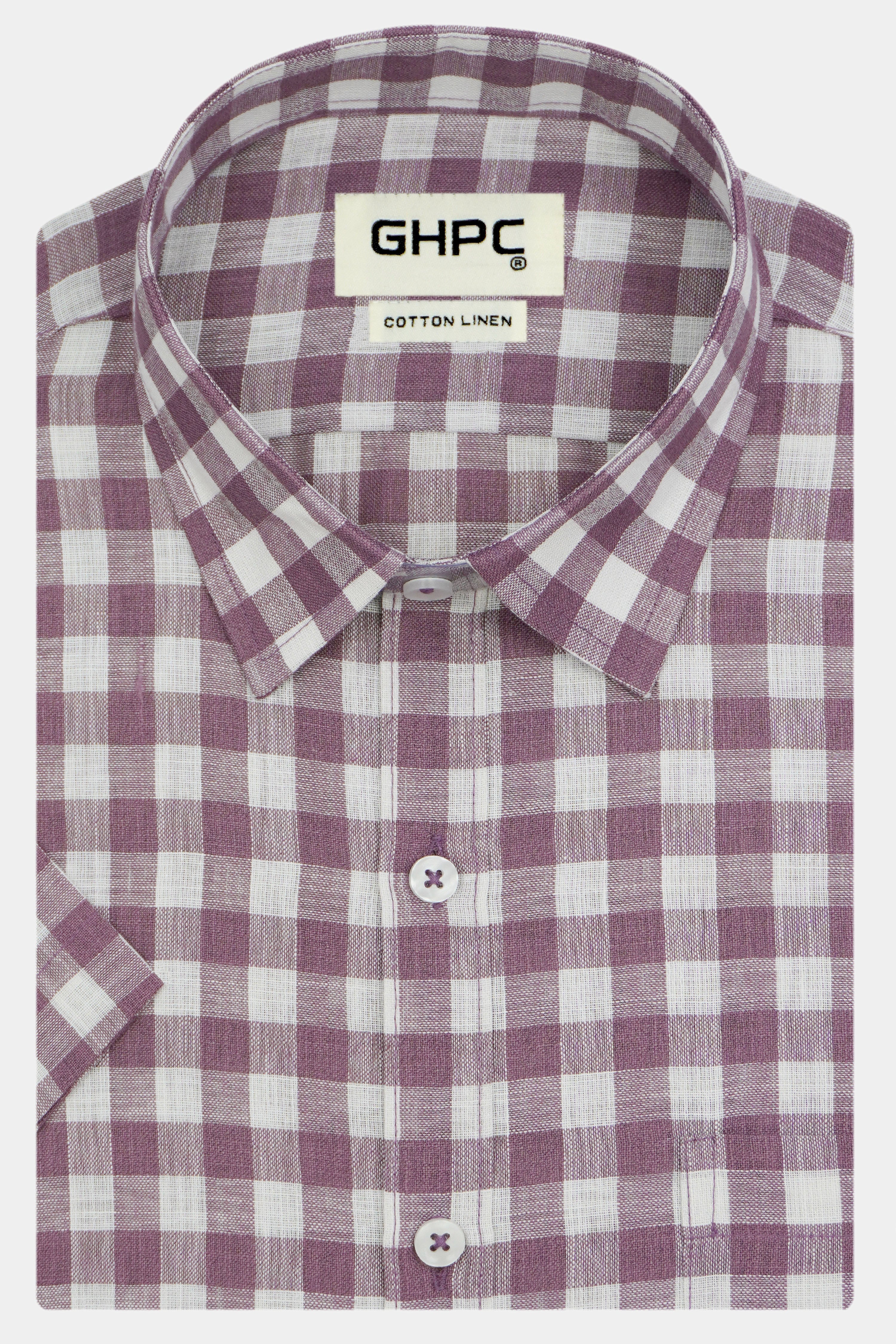 Men's Cotton Linen Checkered Half Sleeves Shirt (Purple)