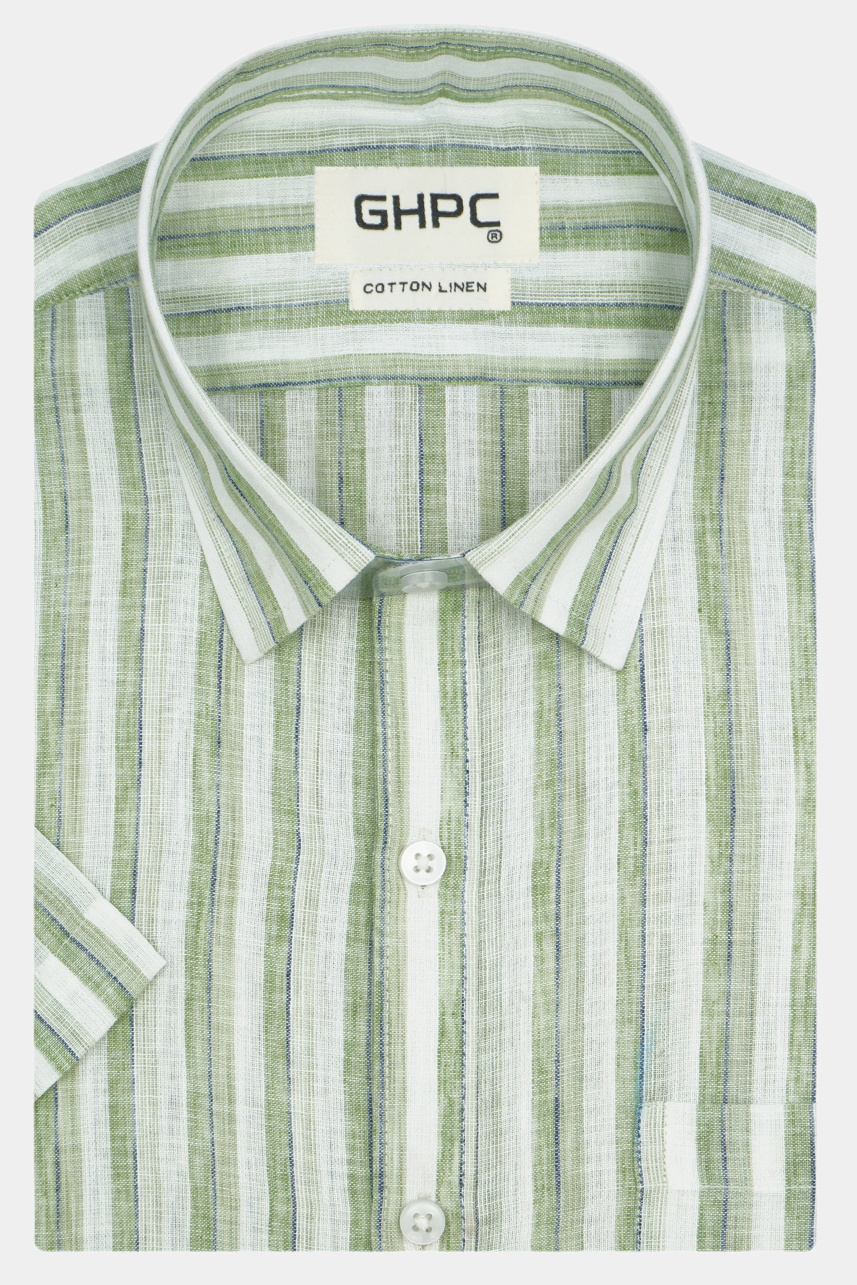 Men's Cotton Linen Striped Half Sleeves Shirt (Green)