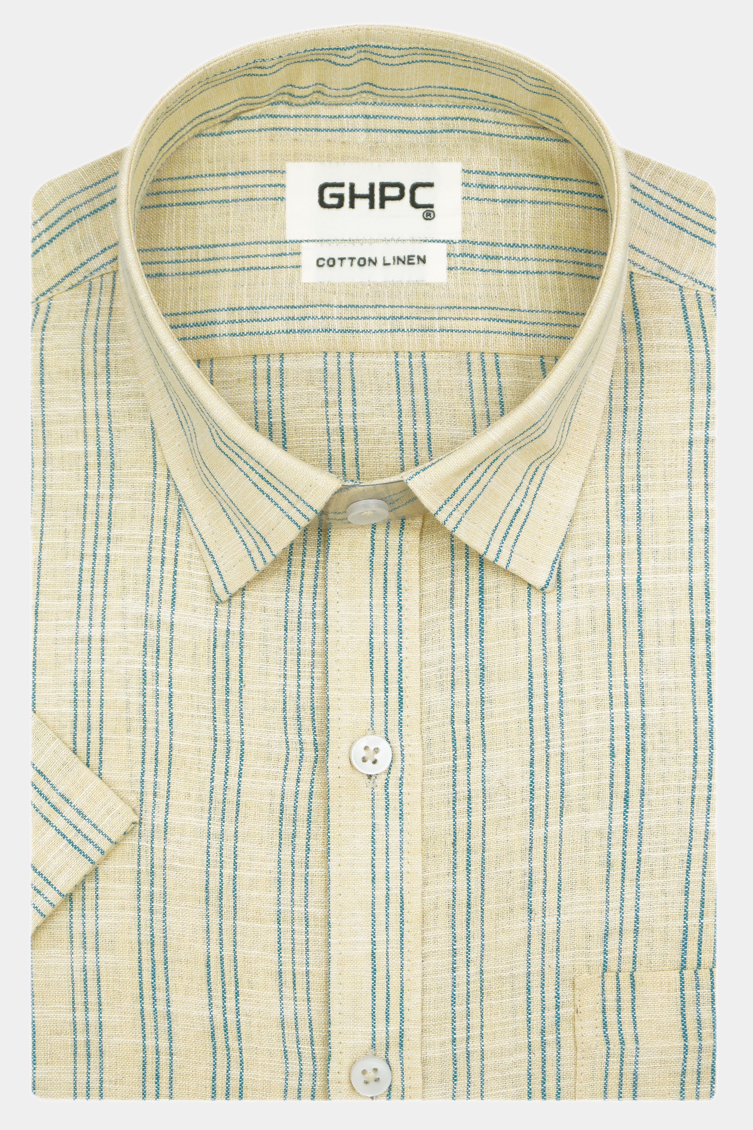 Men's Cotton Linen Striped Half Sleeves Shirt (Yellow)