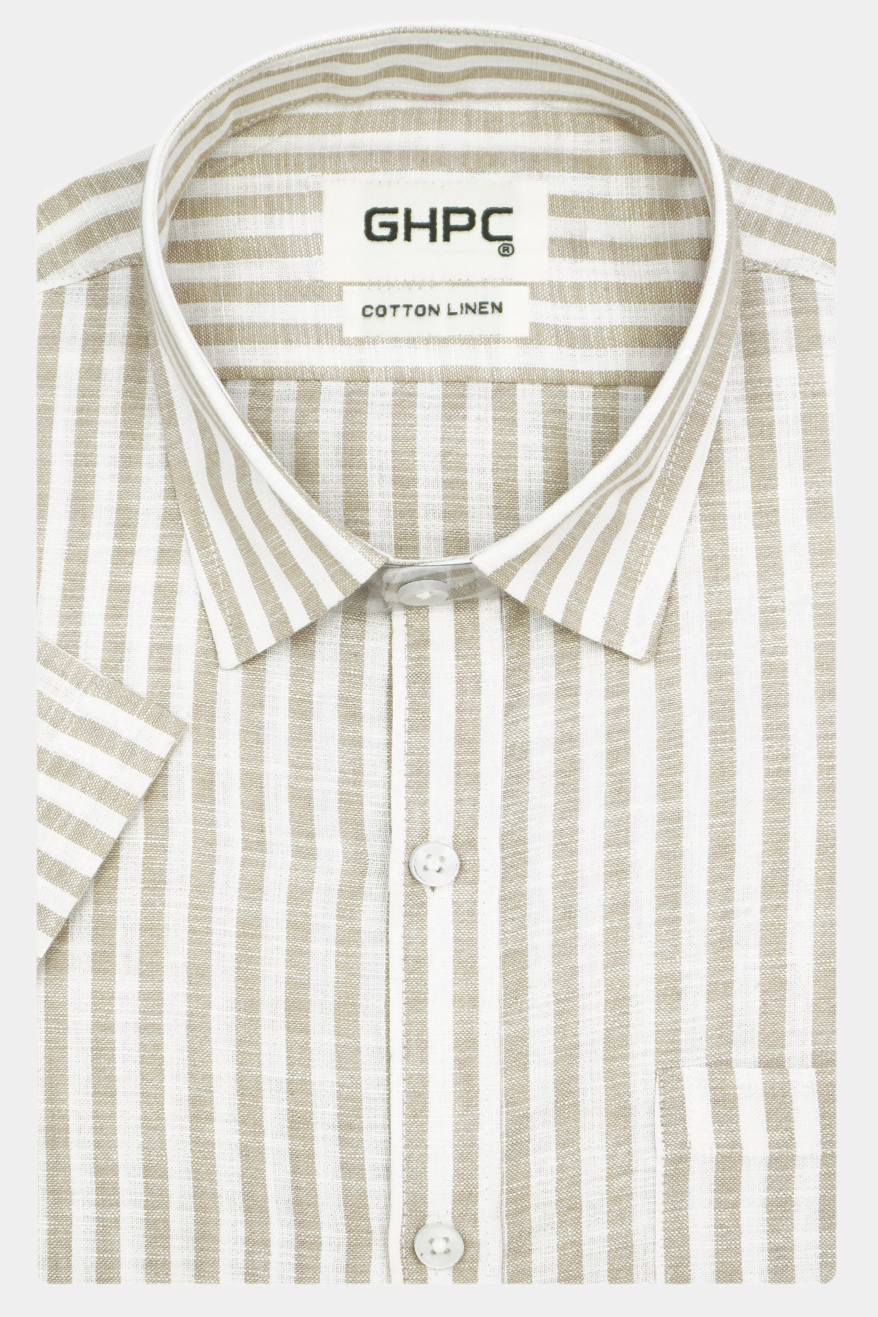 Men's Cotton Linen Striped Half Sleeves Shirt (Beige)