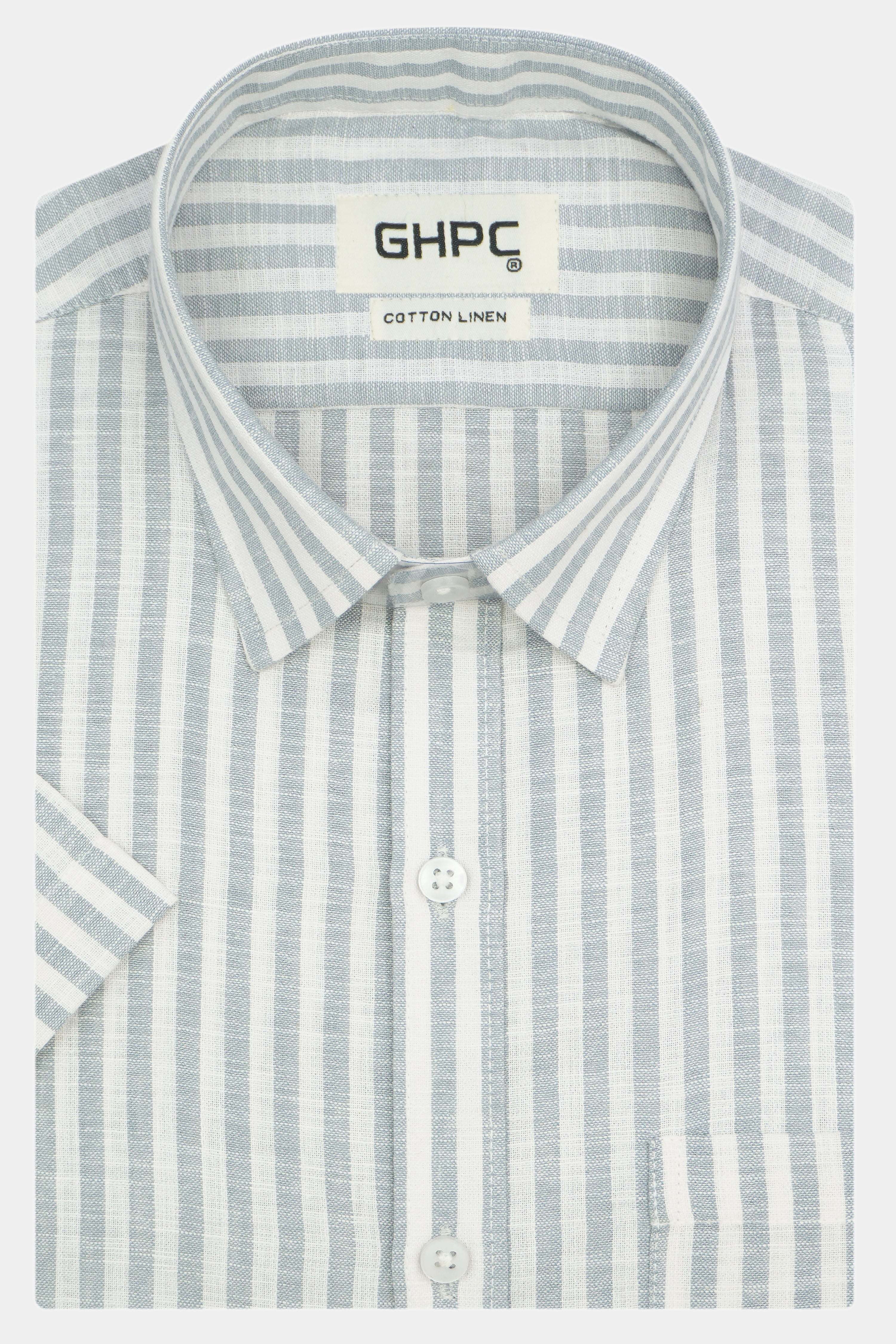 Men's Cotton Linen Striped Half Sleeves Shirt (Grey)