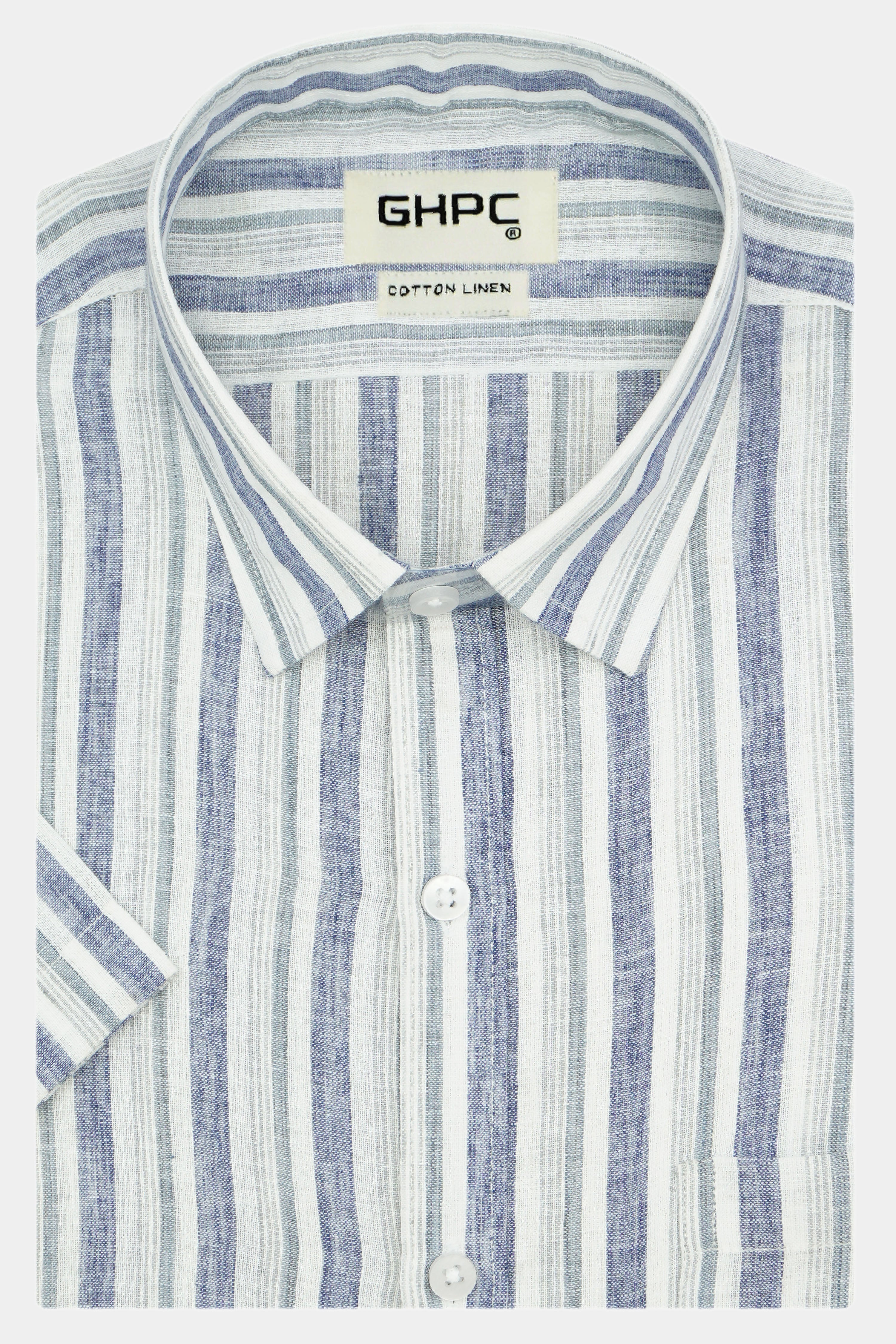 Men's Cotton Linen Striped Half Sleeves Shirt (Blue)