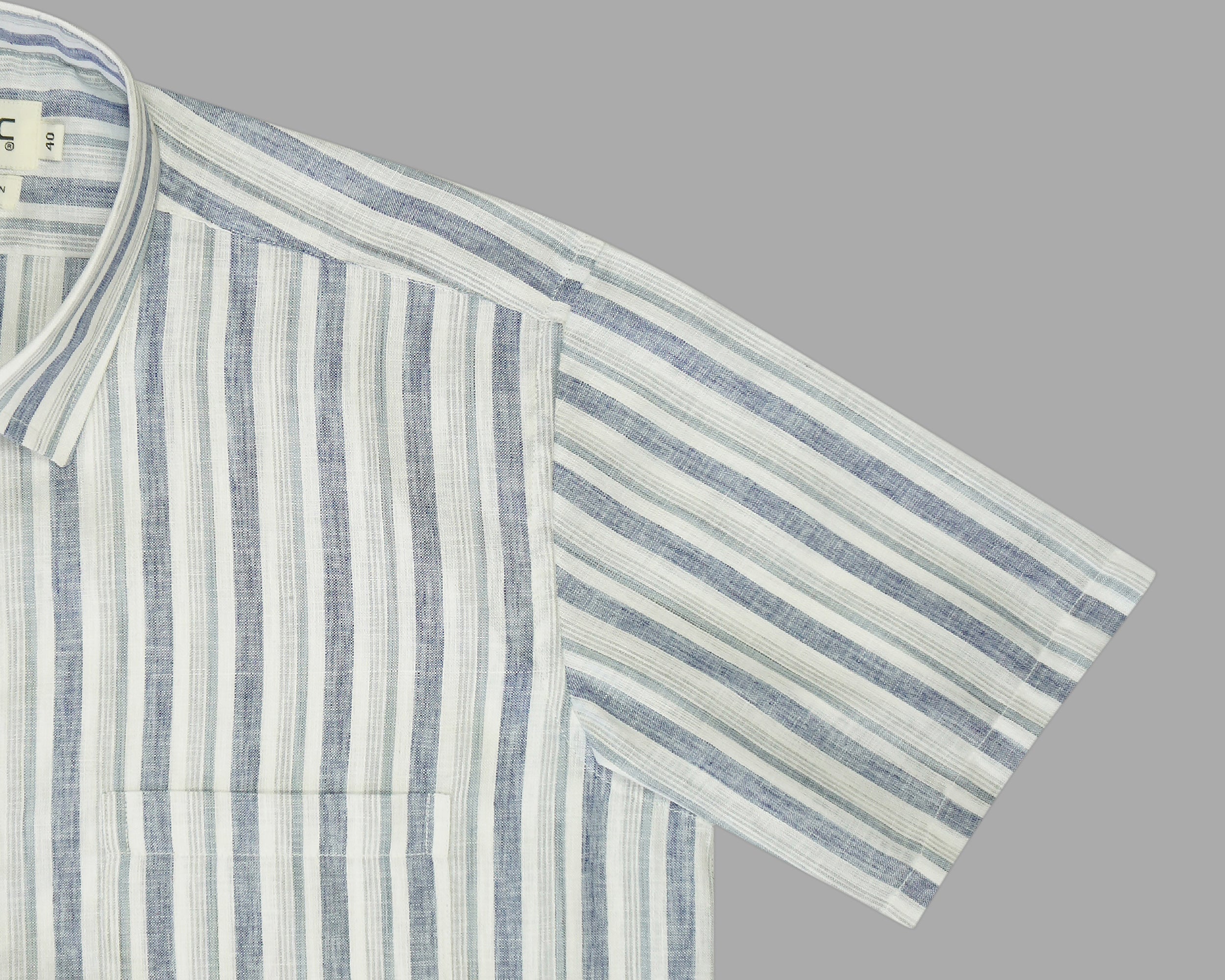 Men's Cotton Linen Striped Half Sleeves Shirt (Blue)
