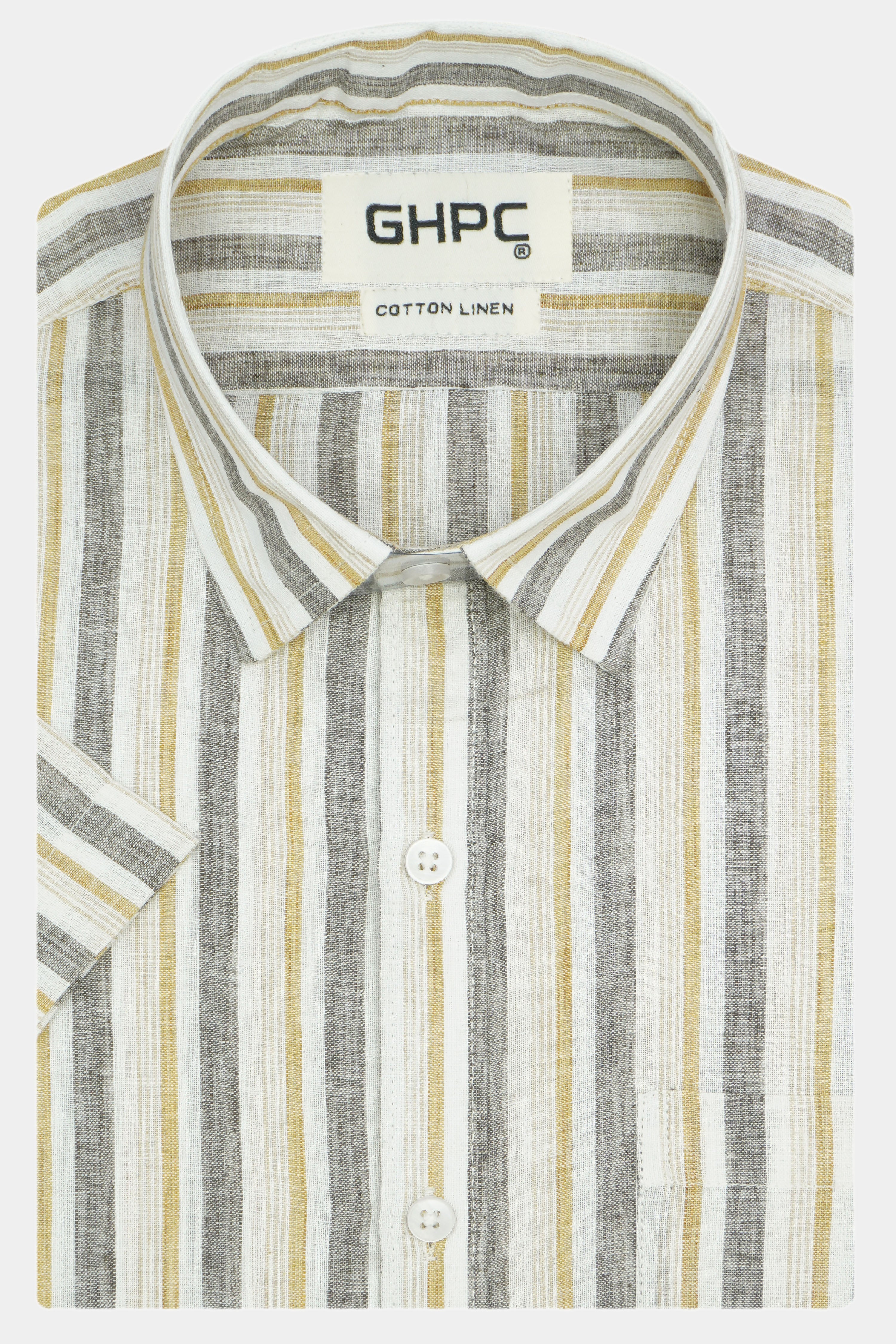 Men's Cotton Linen Striped Half Sleeves Shirt (Grey)
