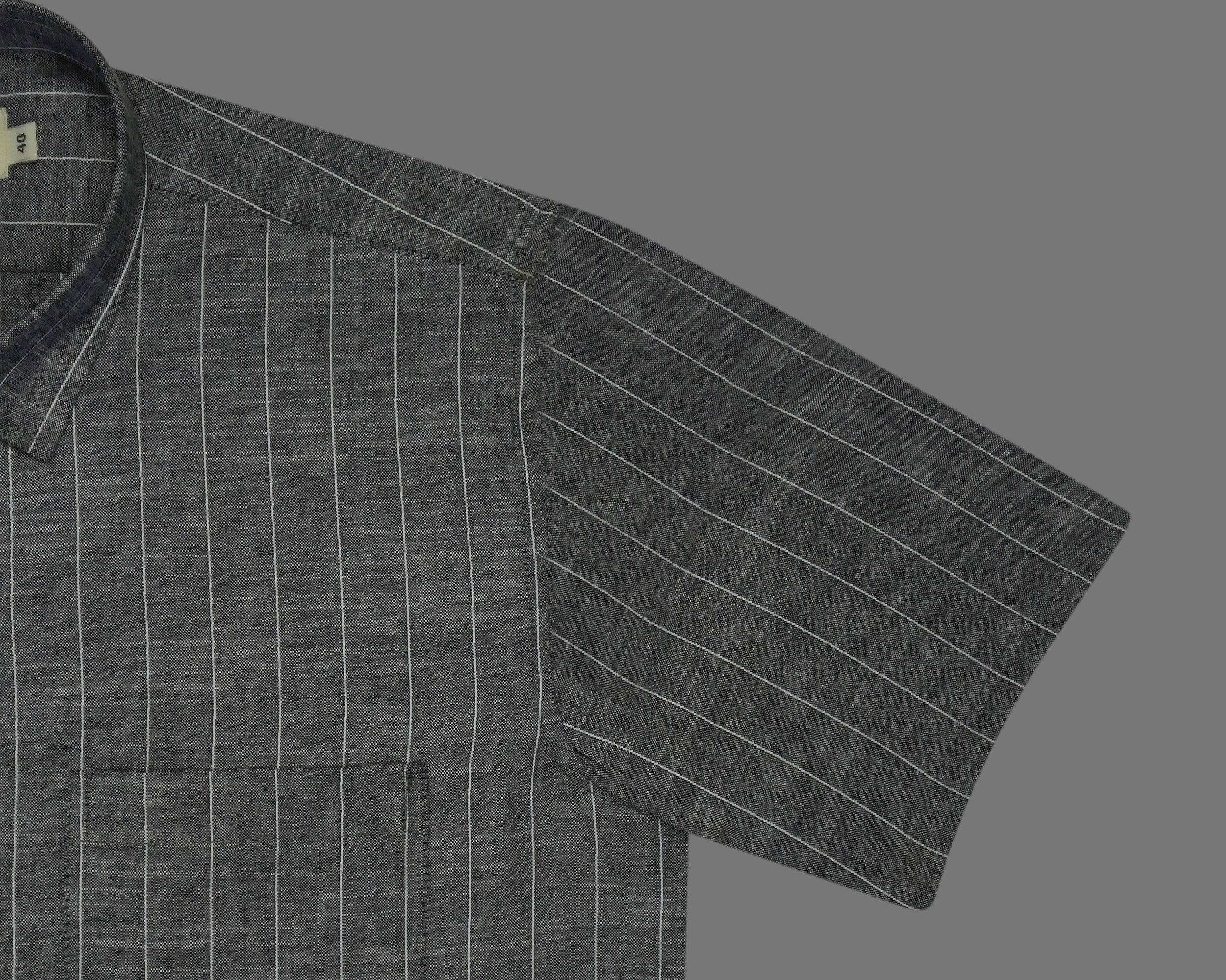 Men's Cotton Linen Striped Half Sleeves Shirts (Black)