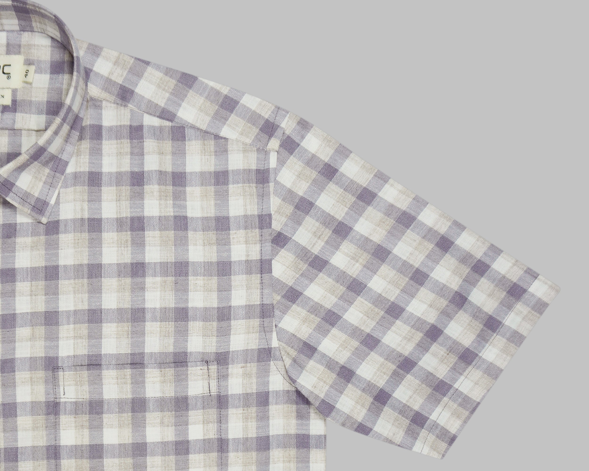 Men's Cotton Linen Checkered Half Sleeves Shirt (Purple)