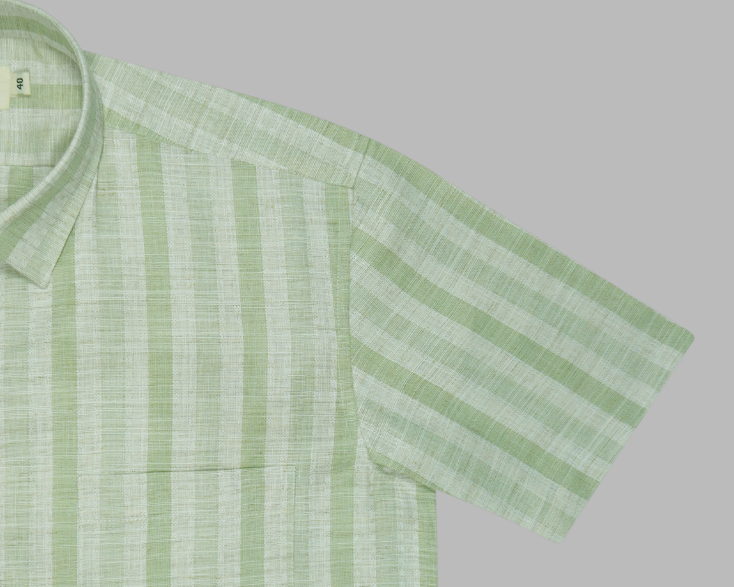 Men's Cotton Linen Striped Half Sleeves Shirt (Green)