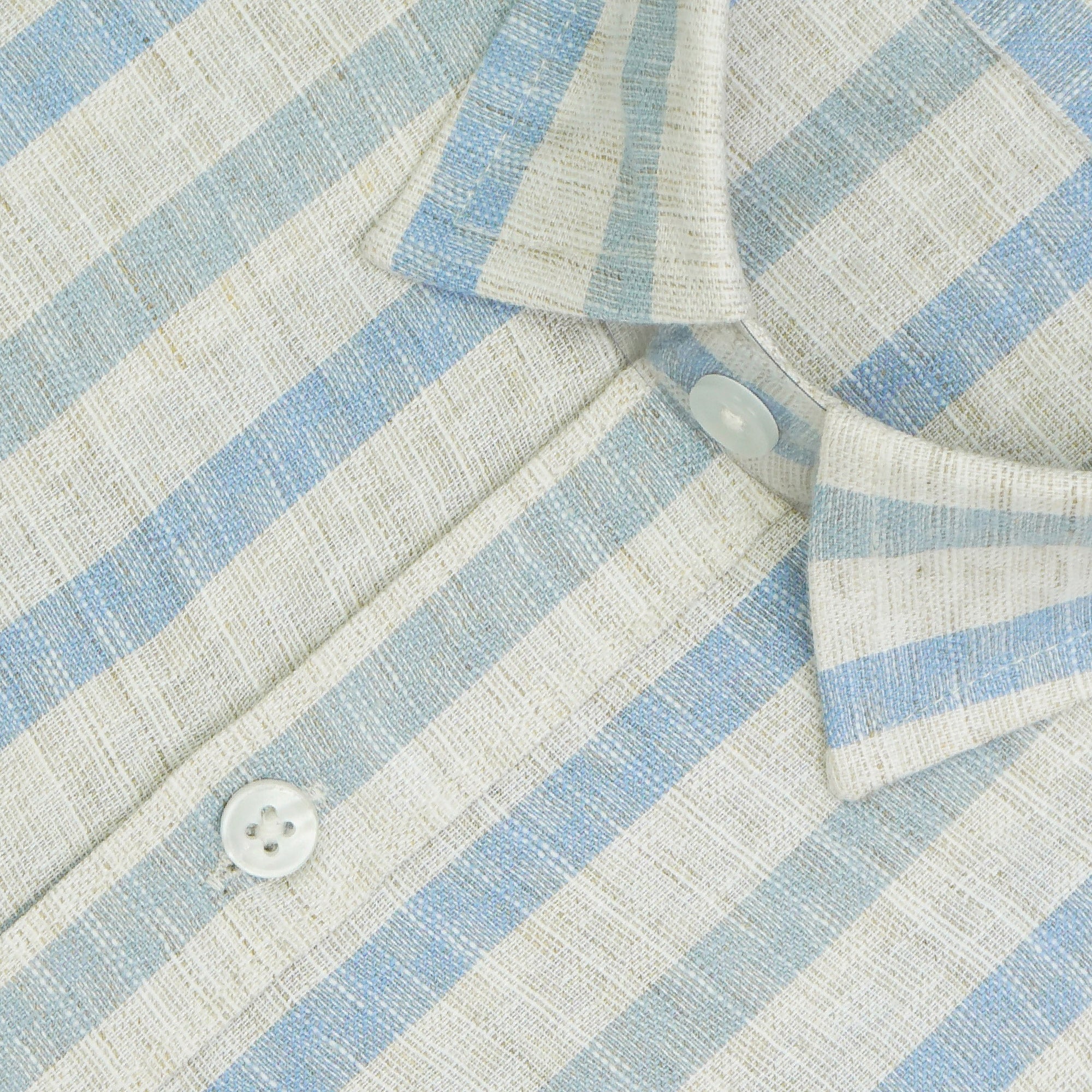 Men's Cotton Linen Striped Half Sleeves Shirt (Blue)