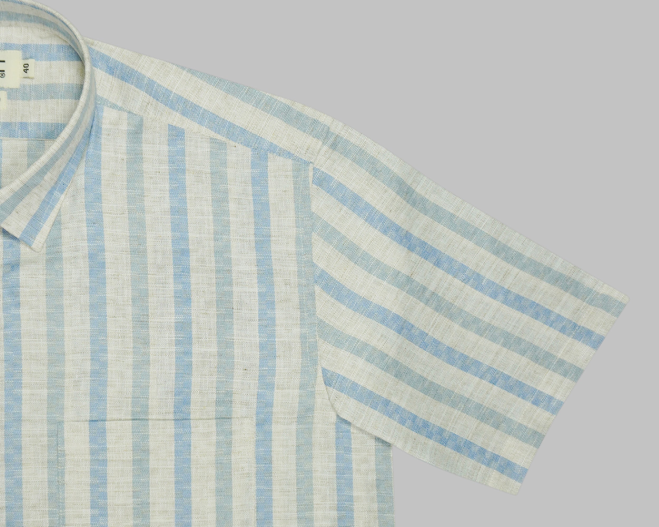Men's Cotton Linen Striped Half Sleeves Shirt (Blue)
