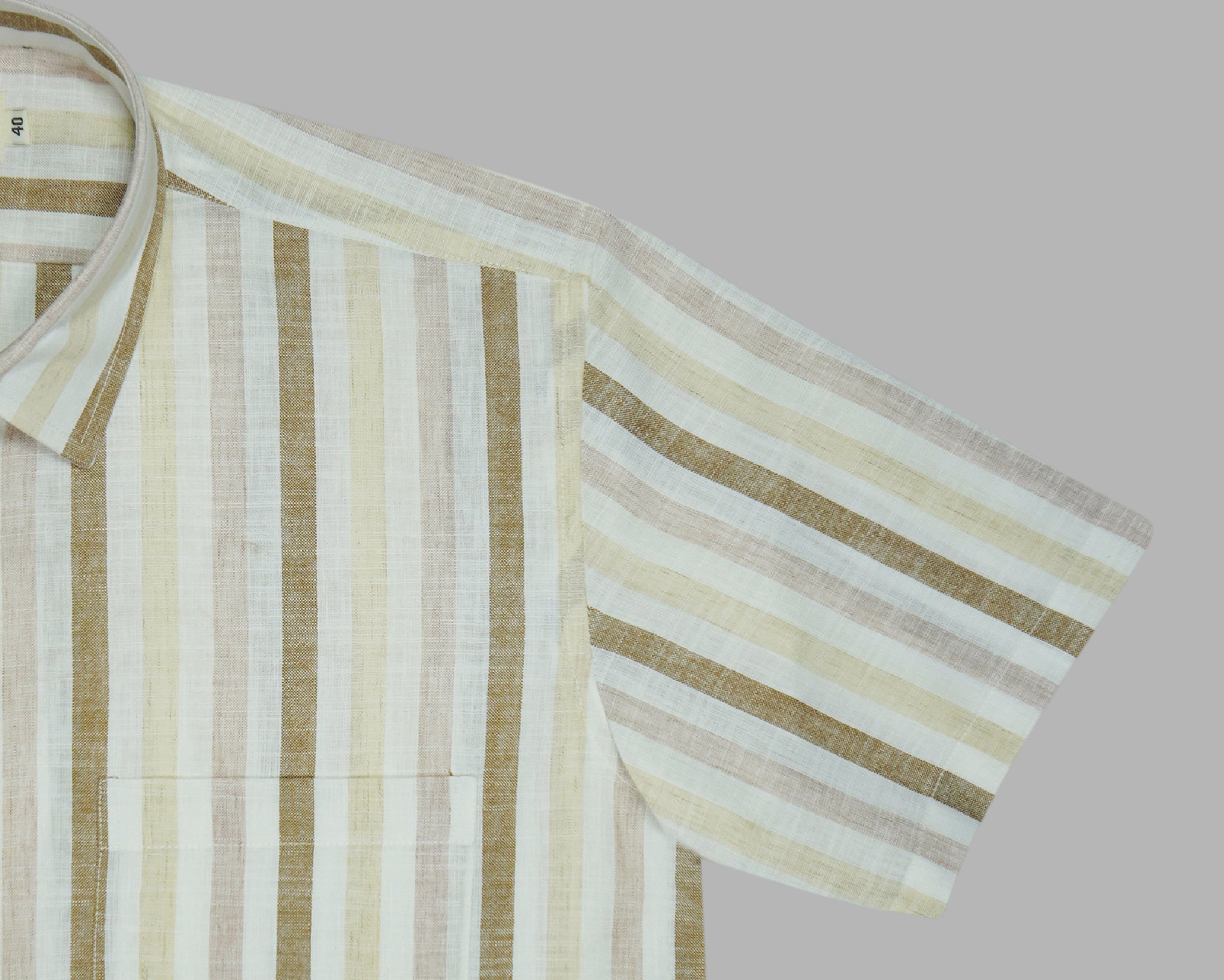 Men's Cotton Linen Striped Half Sleeves Shirt (Brown)
