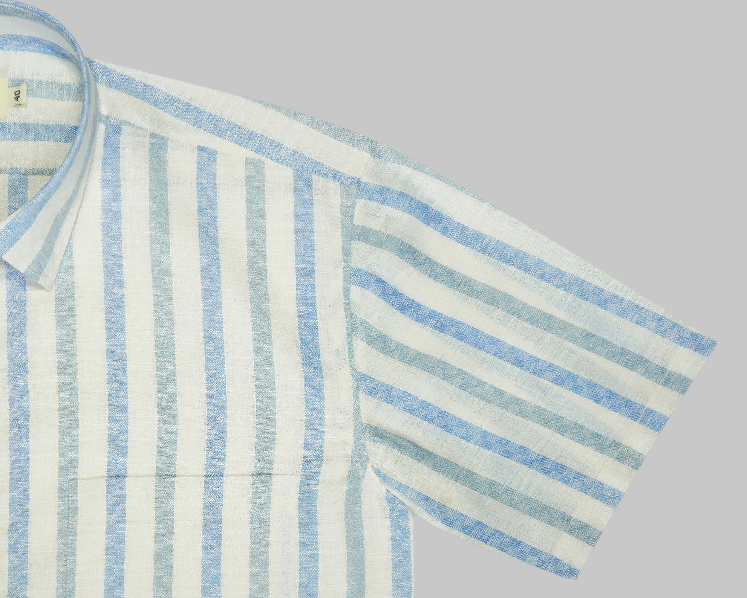Men's Cotton Linen Striped Half Sleeves Shirt (Blue)