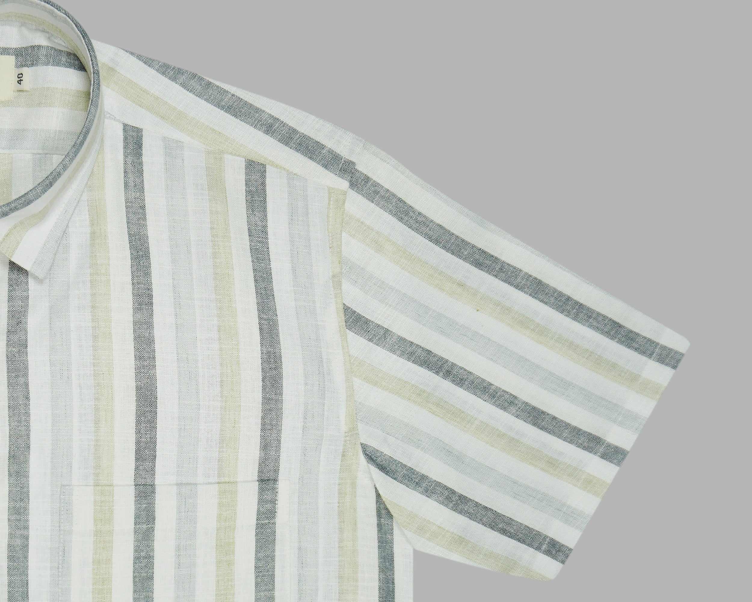 Men's Cotton Linen Striped Half Sleeves Shirt (Grey)