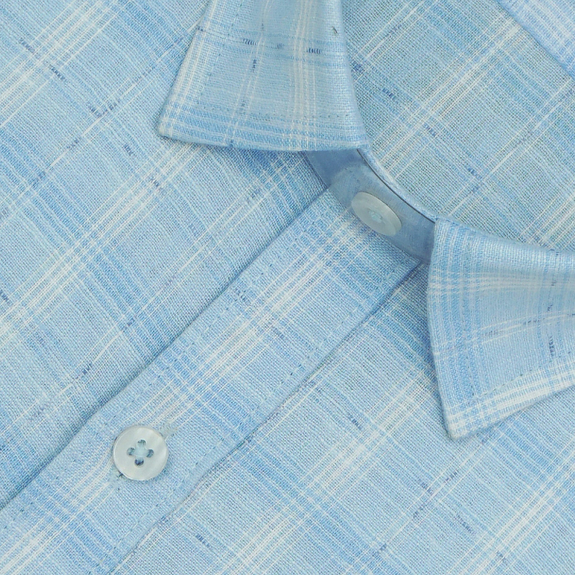 Men's Cotton Linen Checkered Half Sleeves Shirt (Blue)