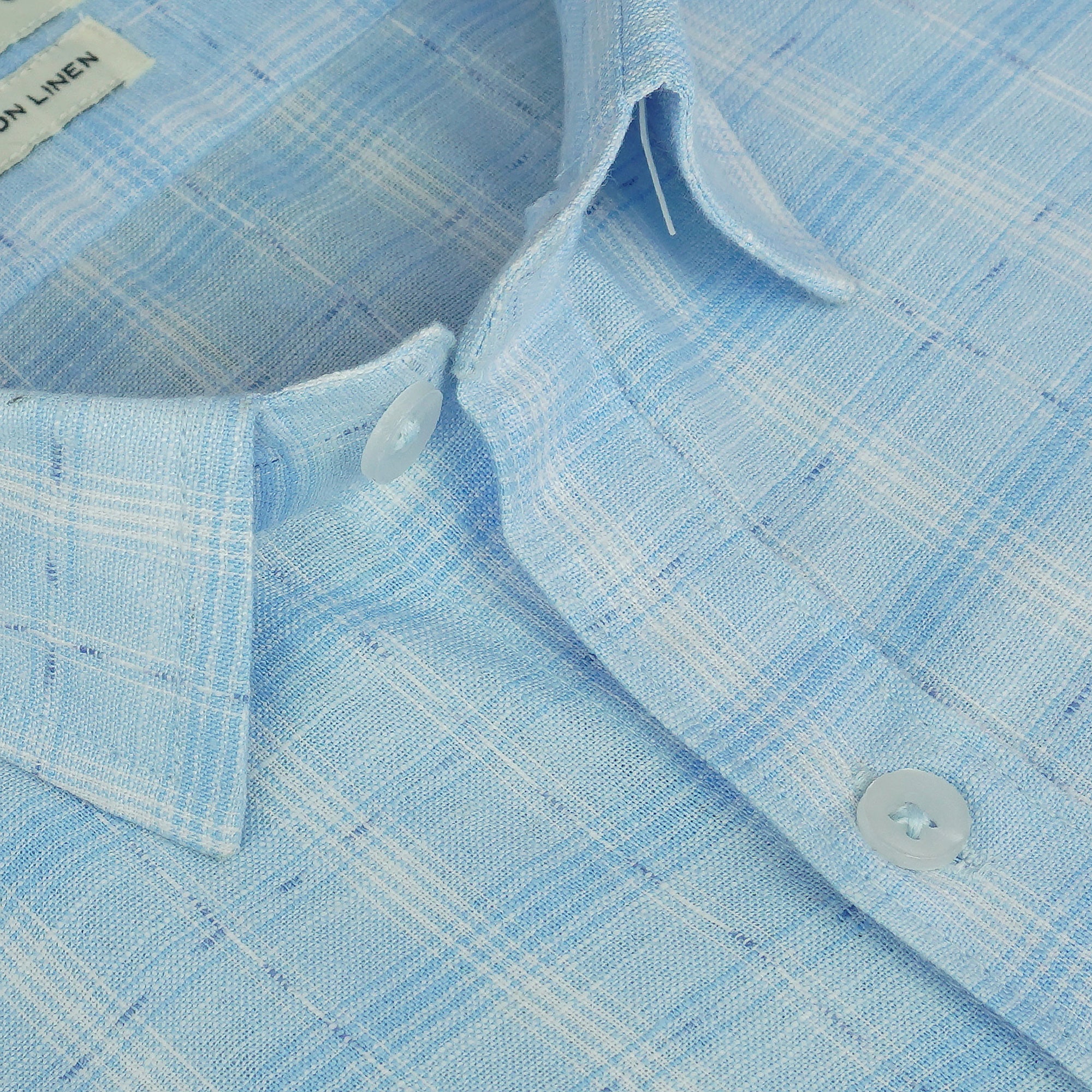Men's Cotton Linen Checkered Half Sleeves Shirt (Blue)