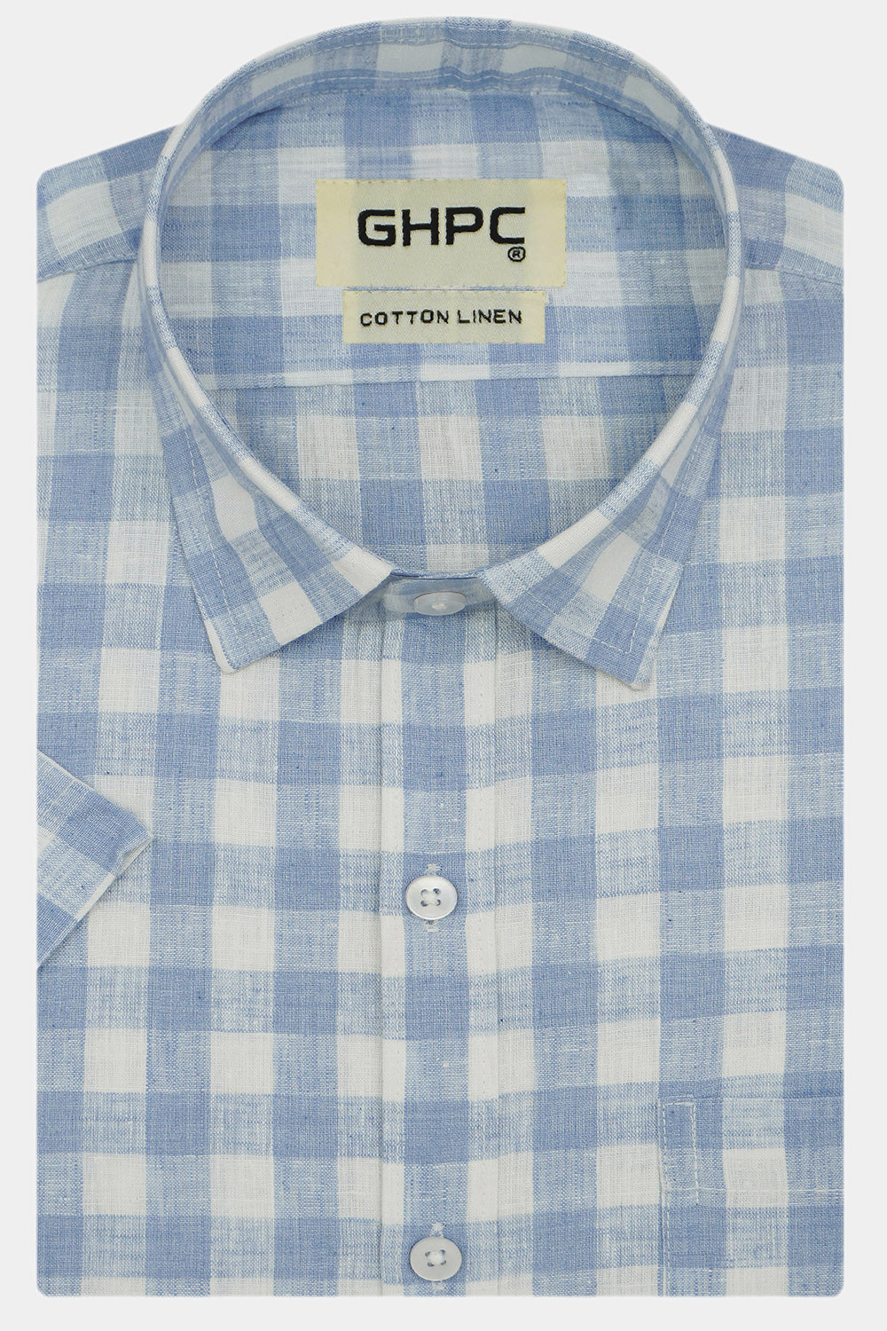 Men's Cotton Linen Checkered Half Sleeves Shirt (Blue)