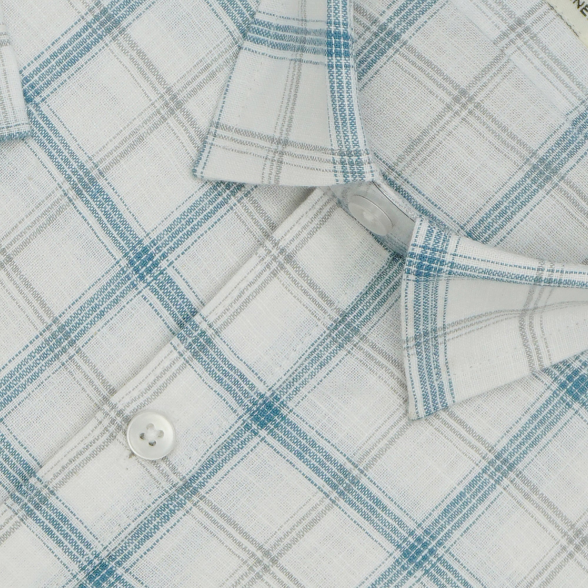 Men's Cotton Linen Checkered Half Sleeves Shirt (Blue)