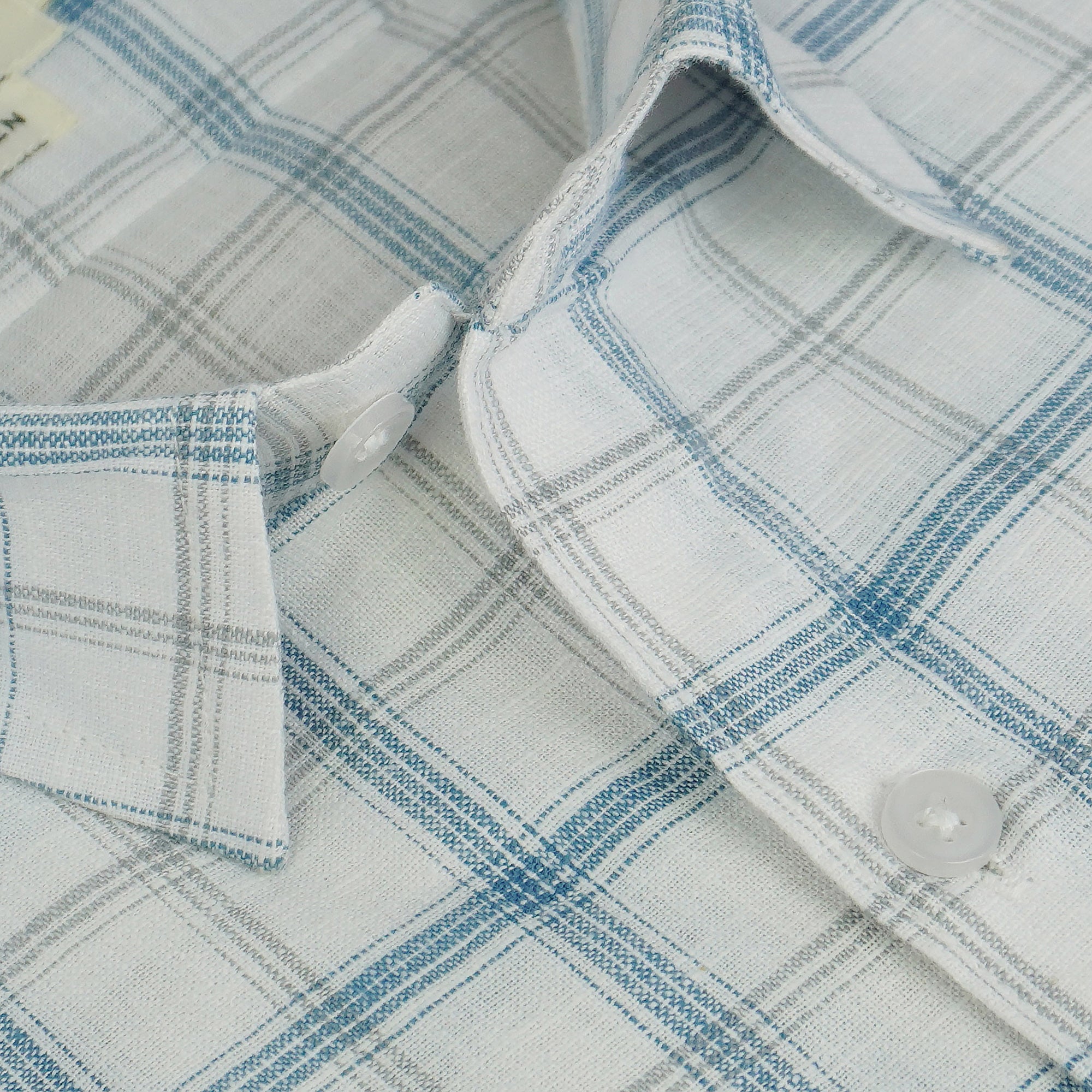Men's Cotton Linen Checkered Half Sleeves Shirt (Blue)