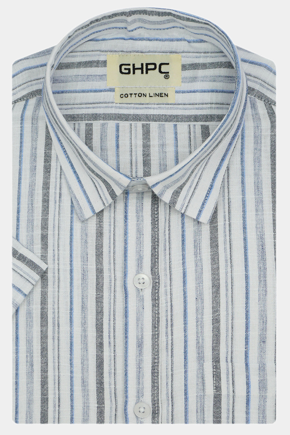 Men's Cotton Linen Striped Half Sleeves Shirt (Blue)