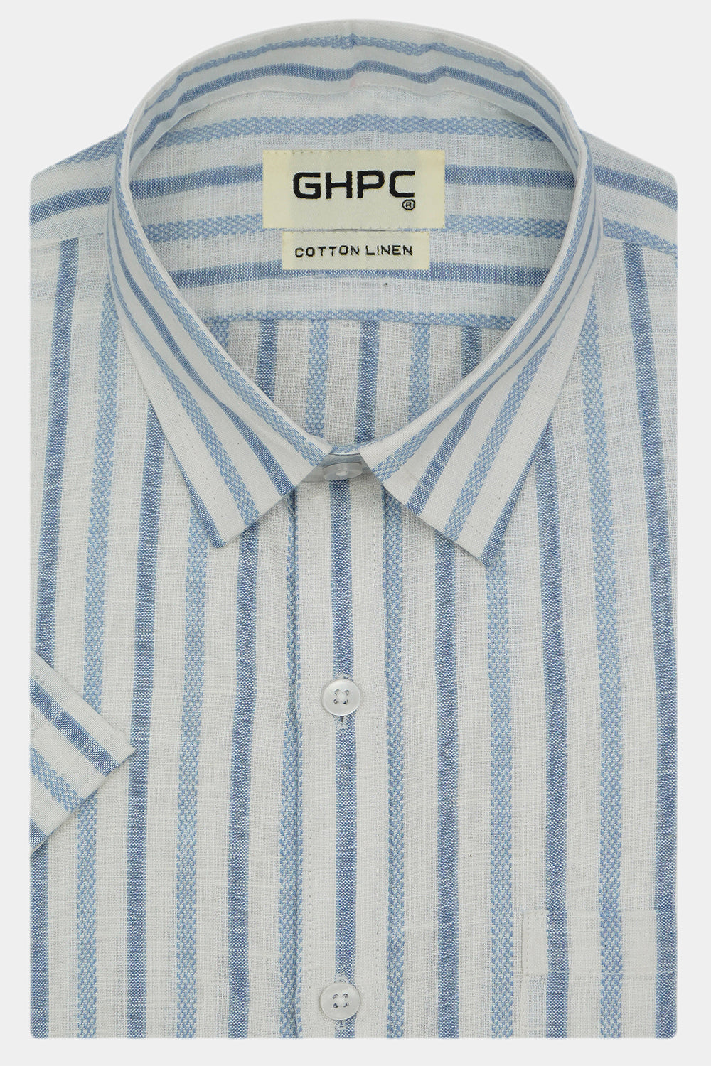 Men's Cotton Linen Striped Half Sleeves Shirt (Blue)