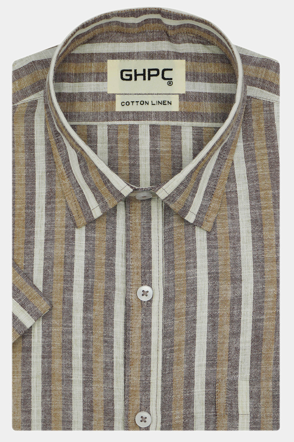 Men's Cotton Linen Striped Half Sleeves Shirt (Brown)