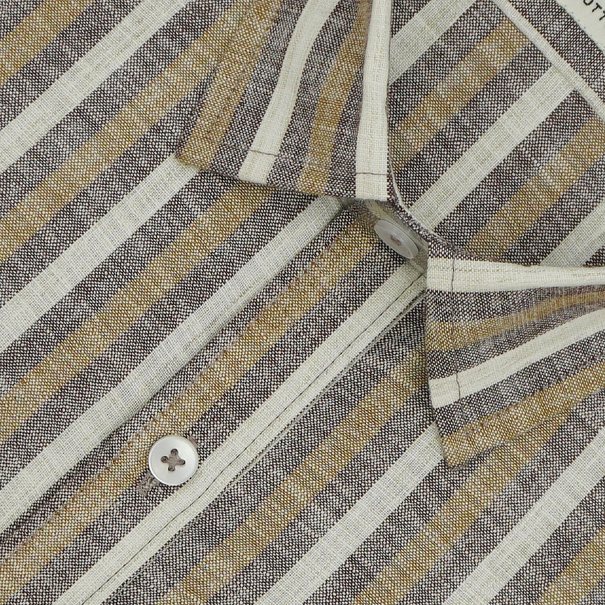 Men's Cotton Linen Striped Half Sleeves Shirt (Brown)