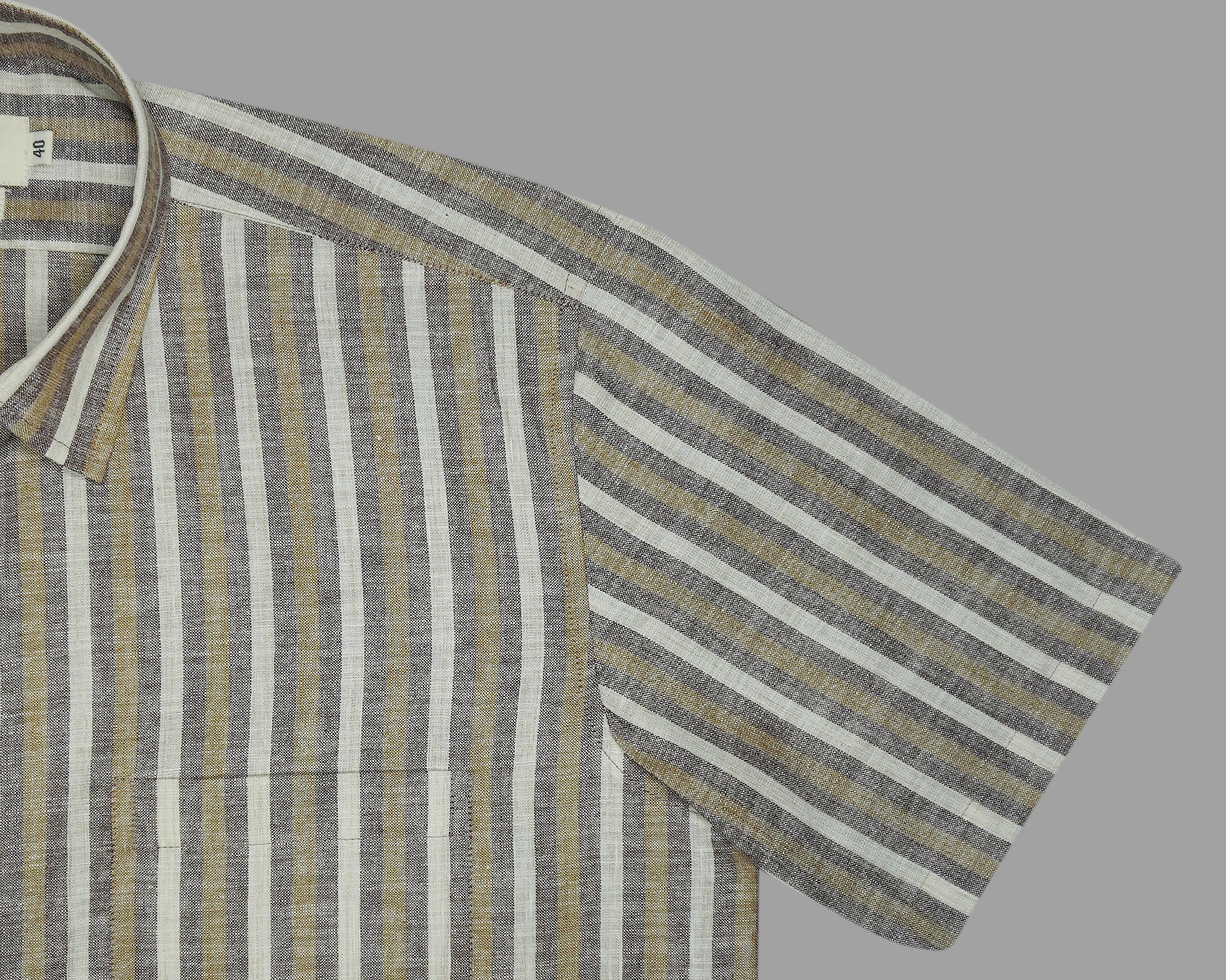 Men's Cotton Linen Striped Half Sleeves Shirt (Brown)