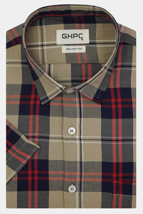 Men's 100% Cotton Plaid Checks Half Sleeves Shirt (Khaki)