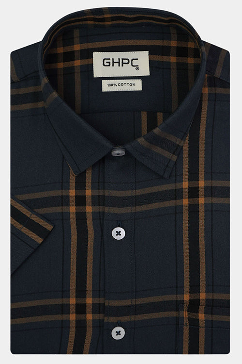 Men's 100% Cotton Windowpane Checks Half Sleeves Shirt (Blue)