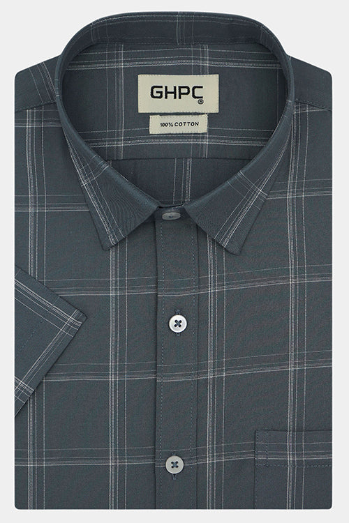 Men's 100% Cotton Windowpane Checkered Half Sleeves Shirt (Grey) FSH512150_1