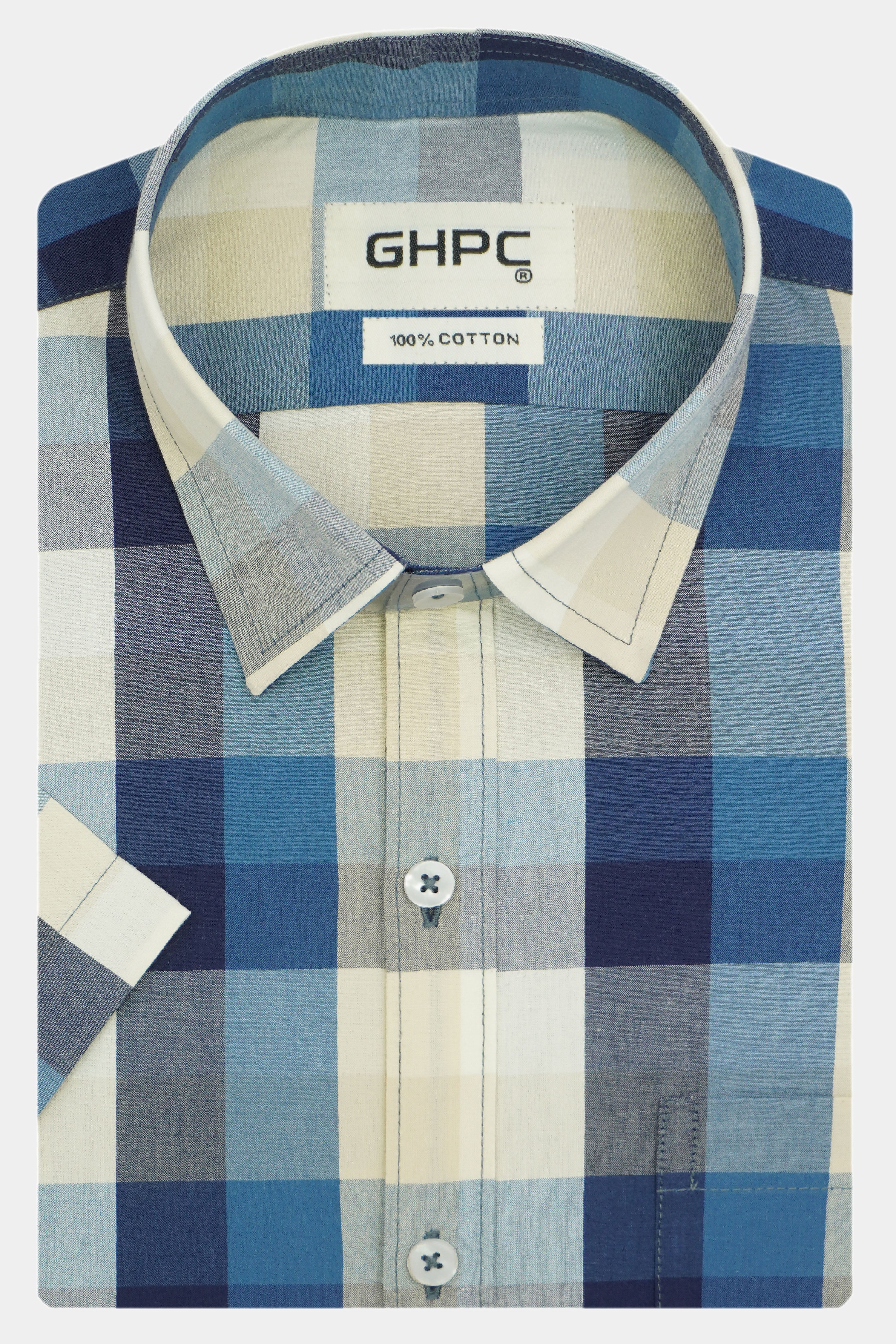 Men's 100% Cotton Checkered Half Sleeves Shirt (Blue)
