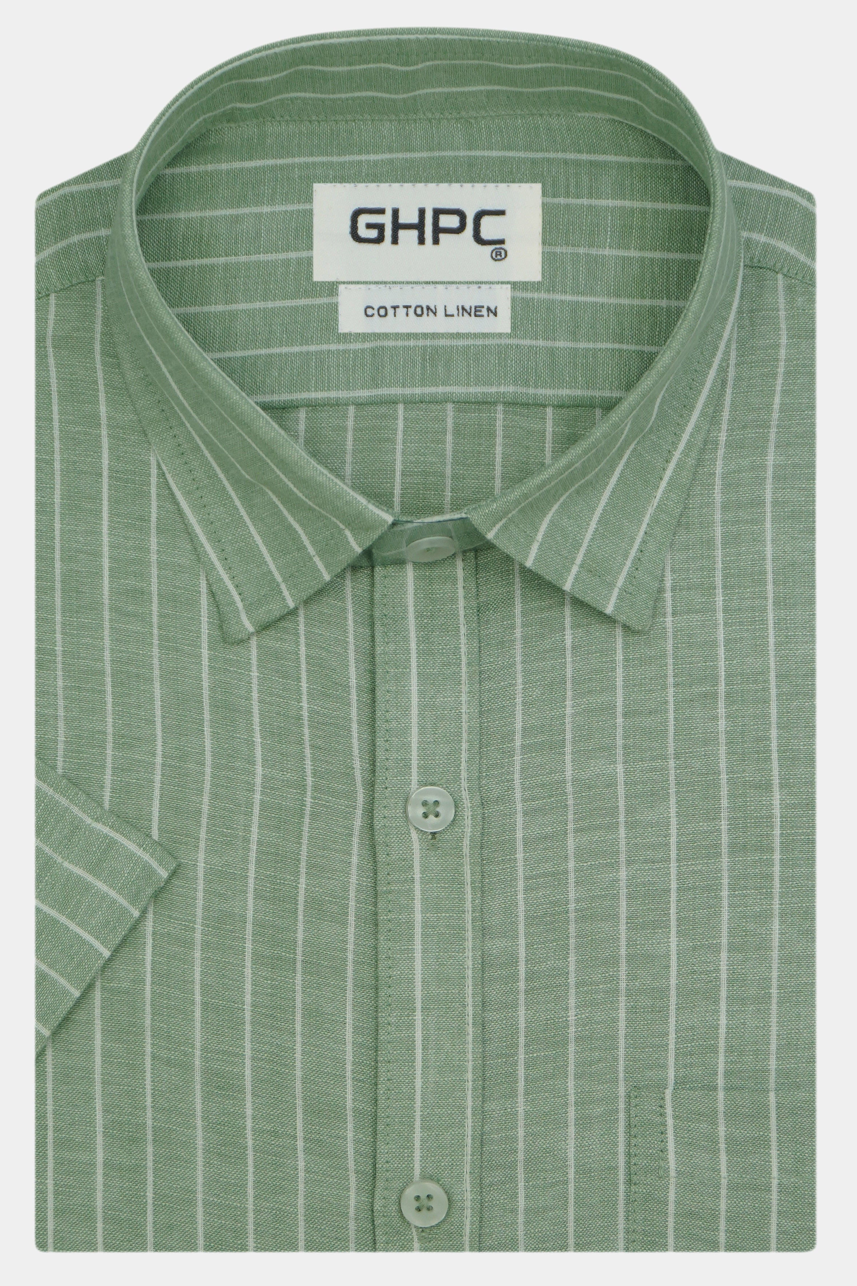 Men's Cotton Linen Striped Half Sleeves Shirt (Green)