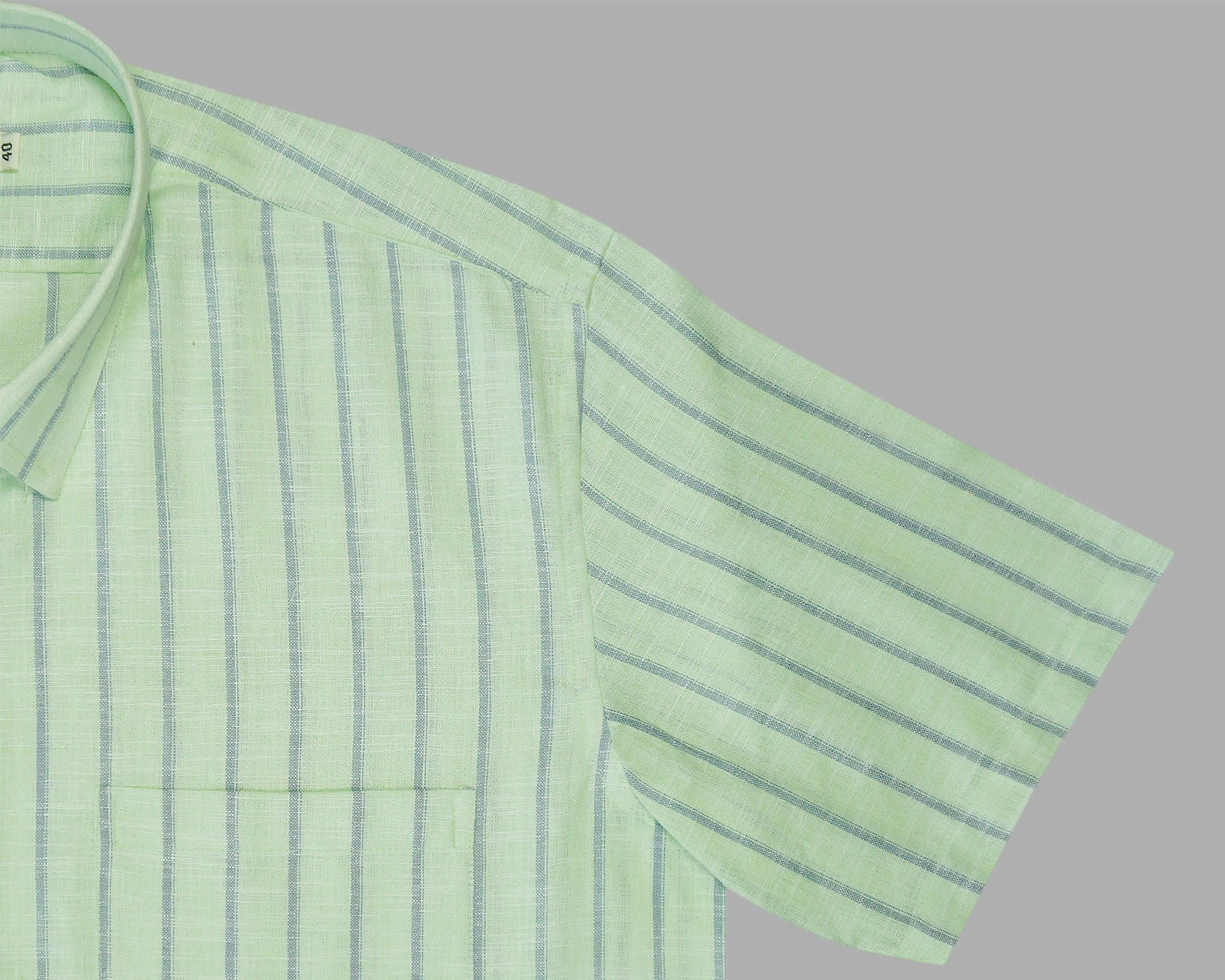 Men's Cotton Linen Striped Half Sleeves Shirt (Green)