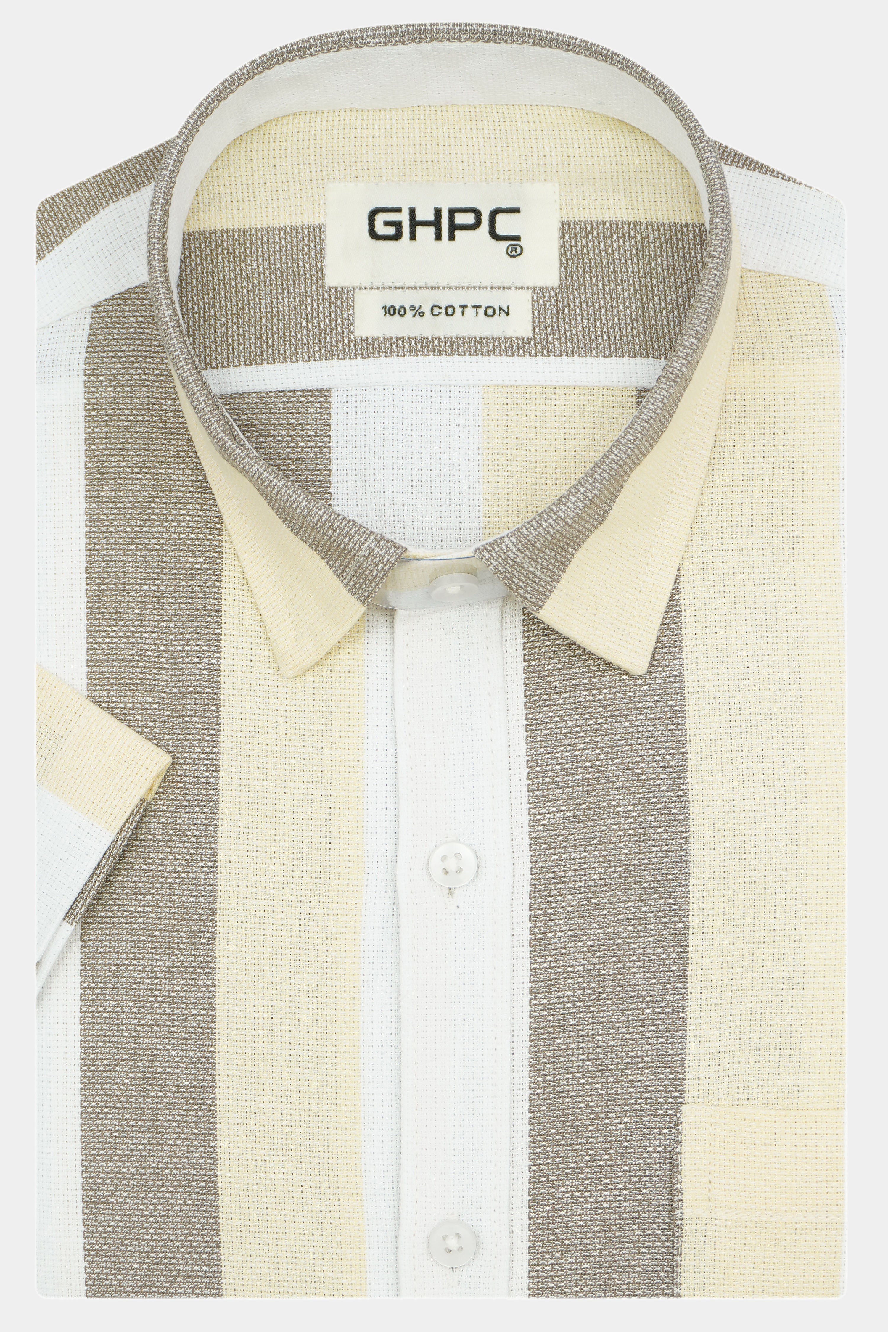 Men's 100% Cotton Striped Half Sleeves Shirt (Beige)