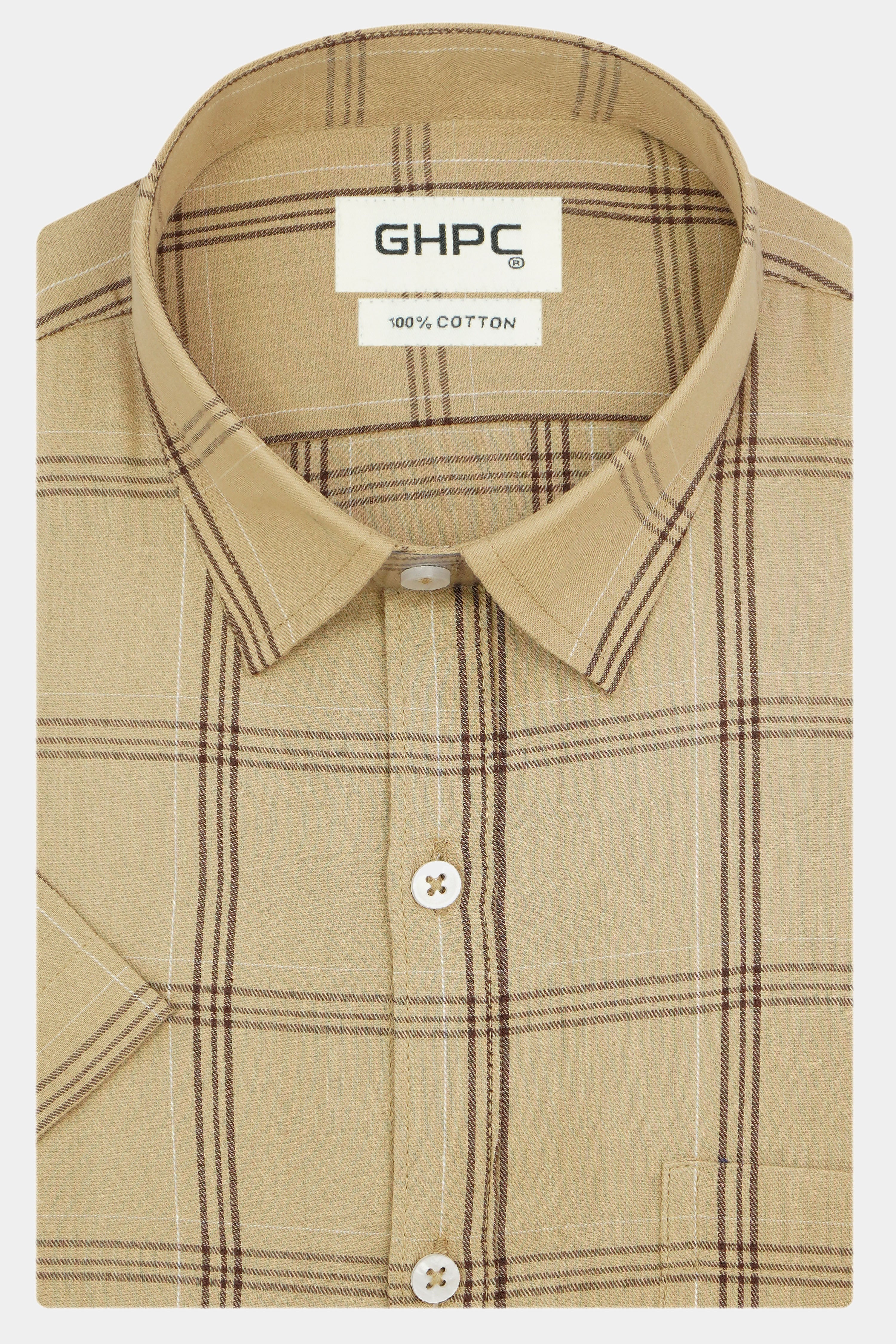 Men's 100% Cotton Checkered Half Sleeves Shirt (Beige)