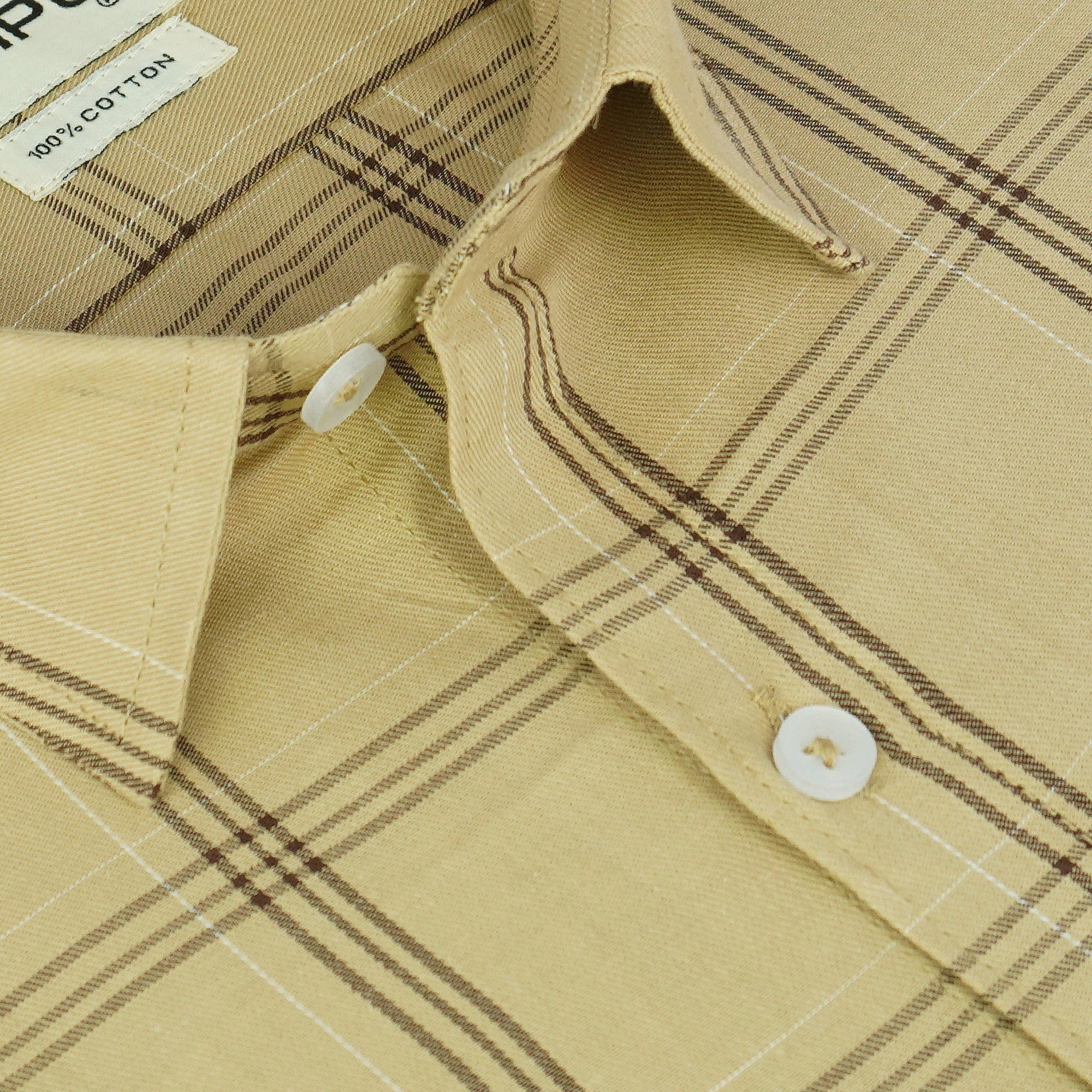 Men's 100% Cotton Checkered Half Sleeves Shirt (Beige)